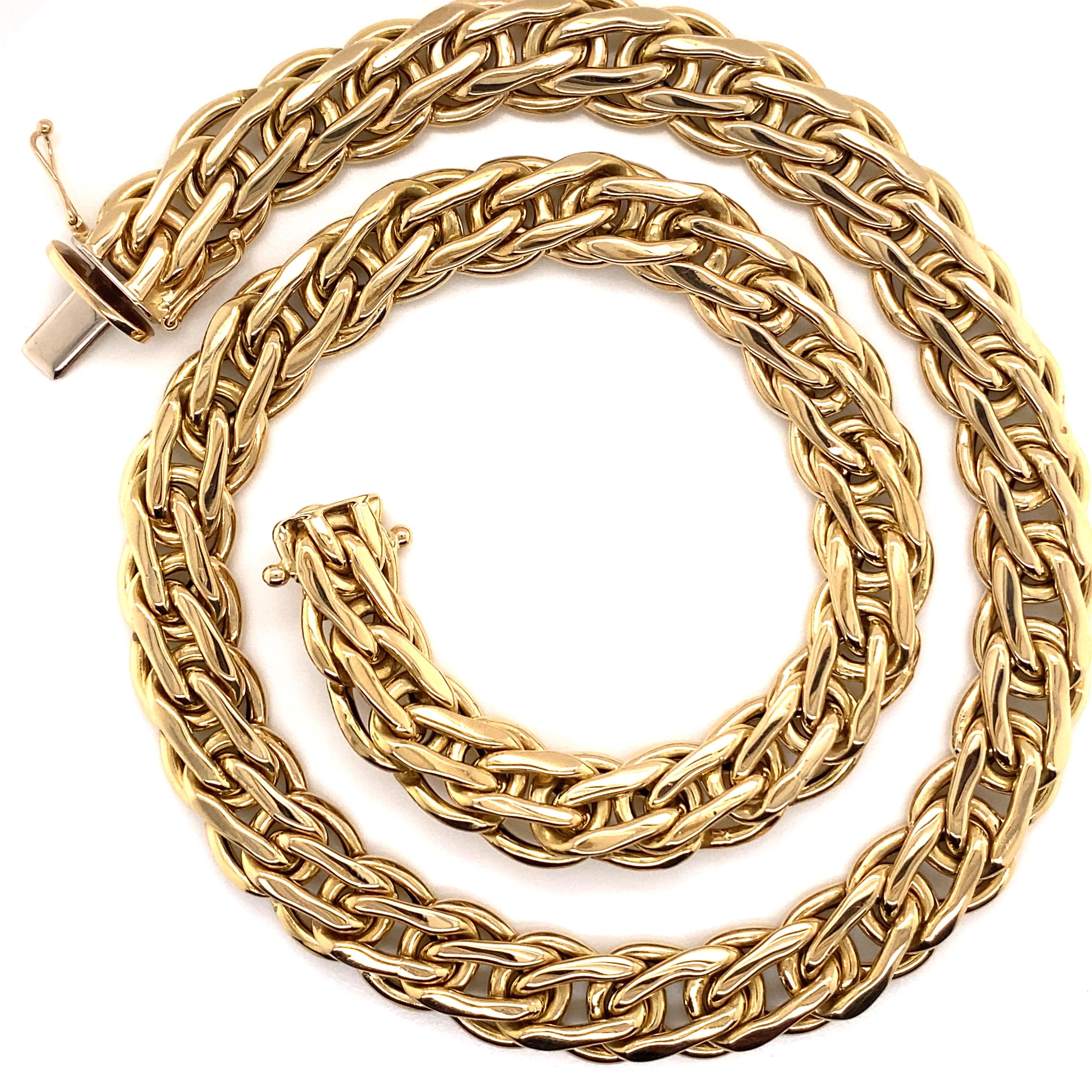 Vintage 1990's 14K Yellow Gold Italian Wide Link Necklace - The Italian made link necklace is 11mm wide and 16.75 inches long. It features a hidden clasp with 2 safety locks. The necklace weighs 38 grams.
