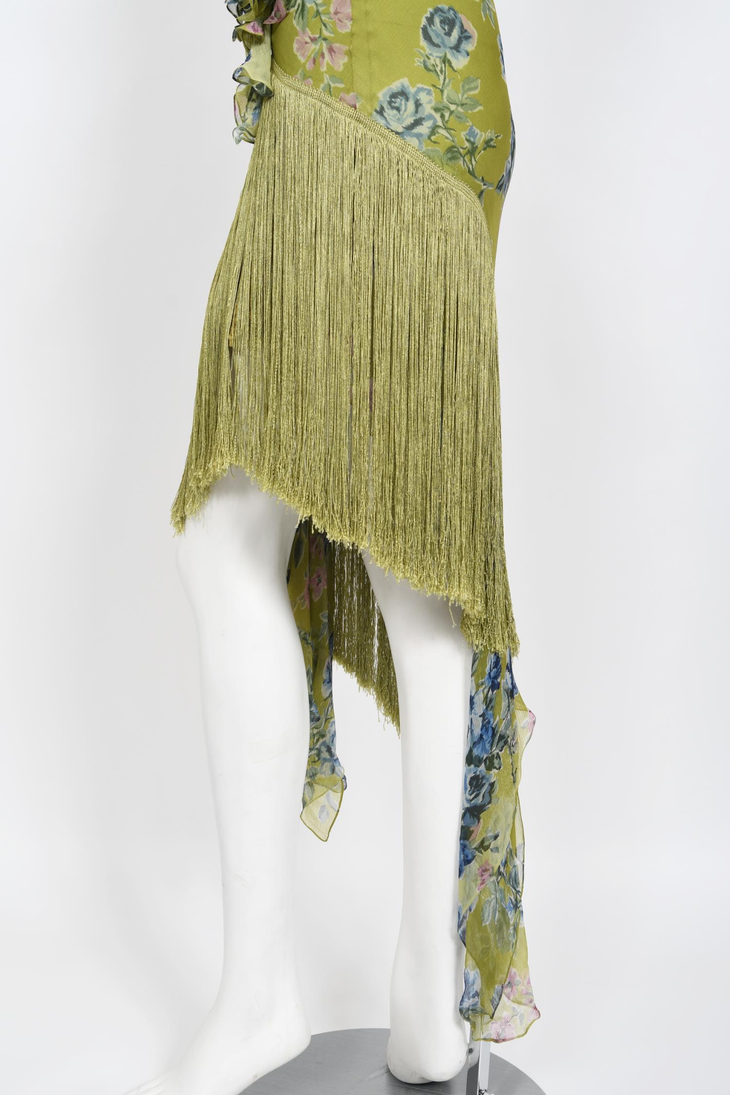 Vintage 2000 Christian Dior by Galliano Green Floral Silk Fringed Bias-Cut Dress 6