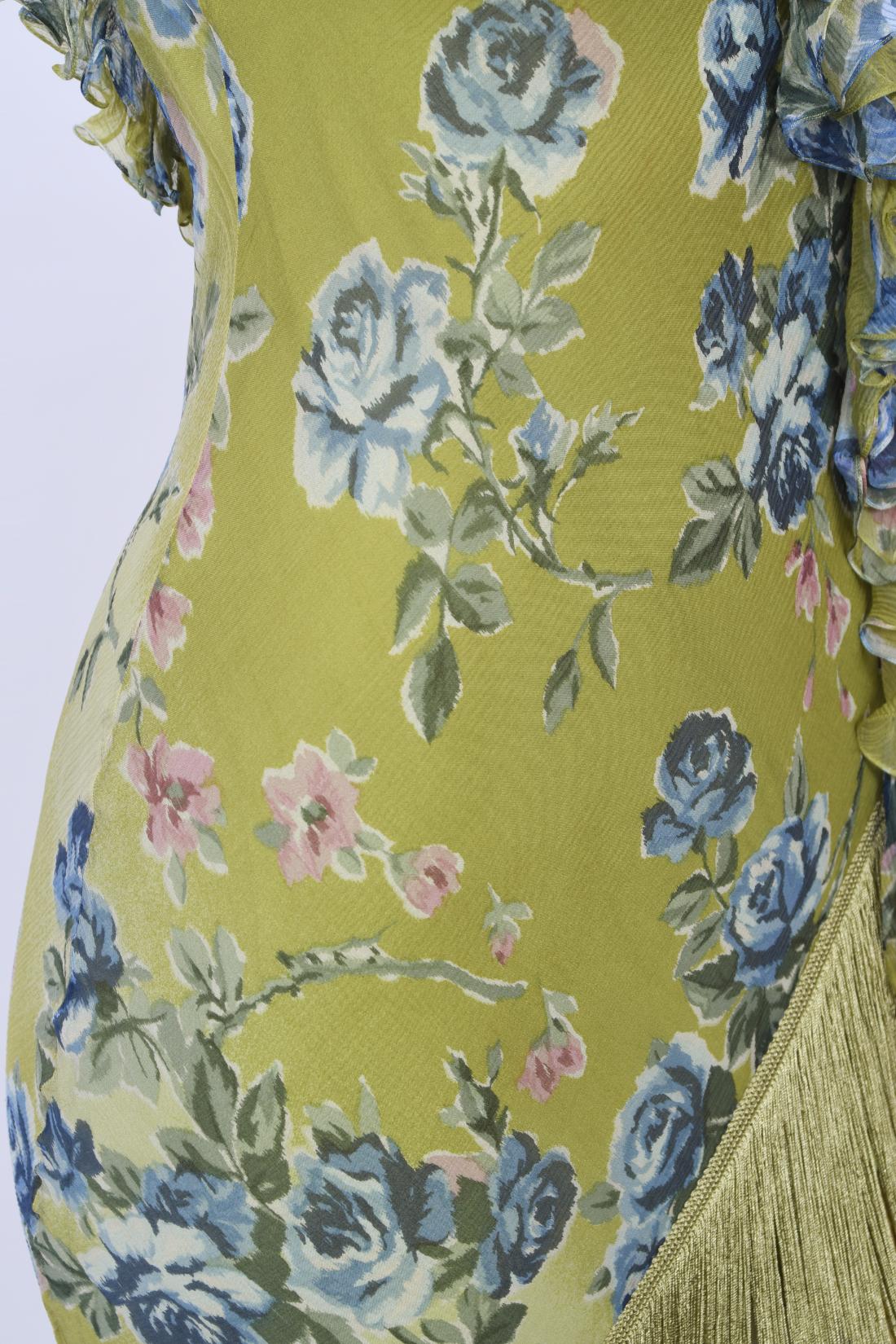 Vintage 2000 Christian Dior by Galliano Green Floral Silk Fringed Bias-Cut Dress 7