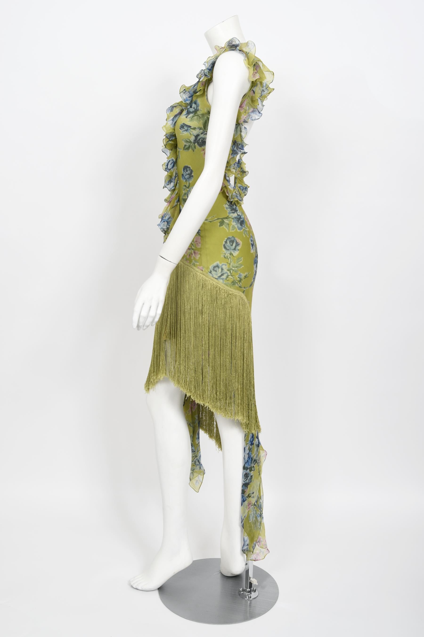 Vintage 2000 Christian Dior by Galliano Green Floral Silk Fringed Bias-Cut Dress 10