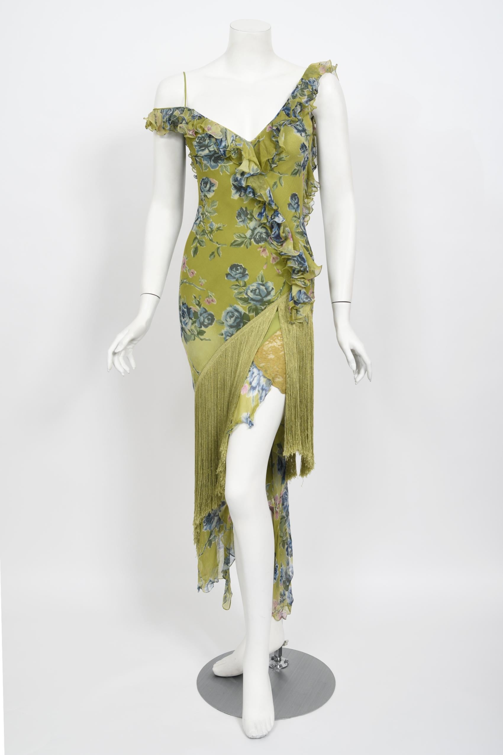 Vintage 2000 Christian Dior by Galliano Green Floral Silk Fringed Bias-Cut Dress 11