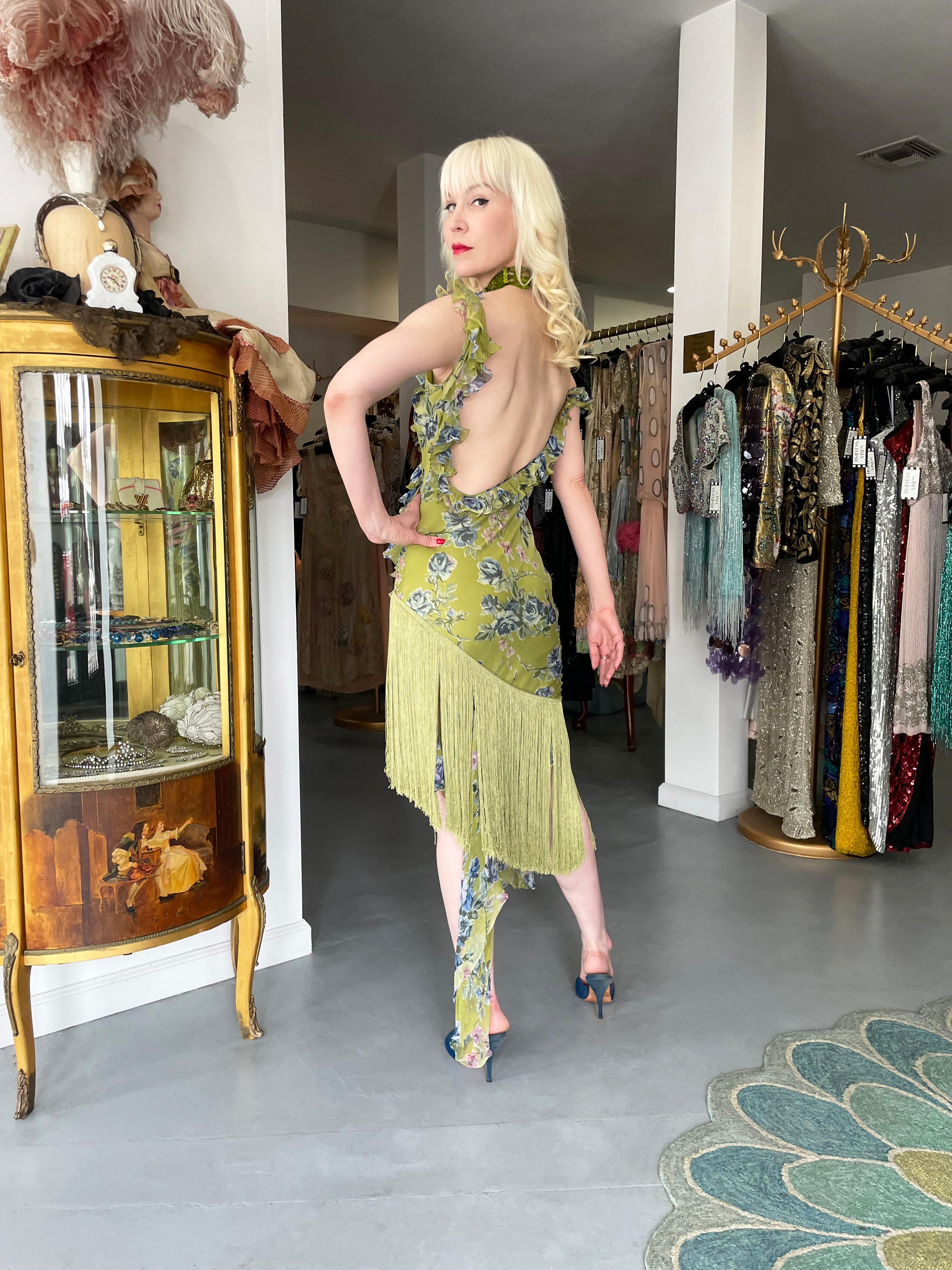 Vintage 2000 Christian Dior by Galliano Green Floral Silk Fringed Bias-Cut Dress 9
