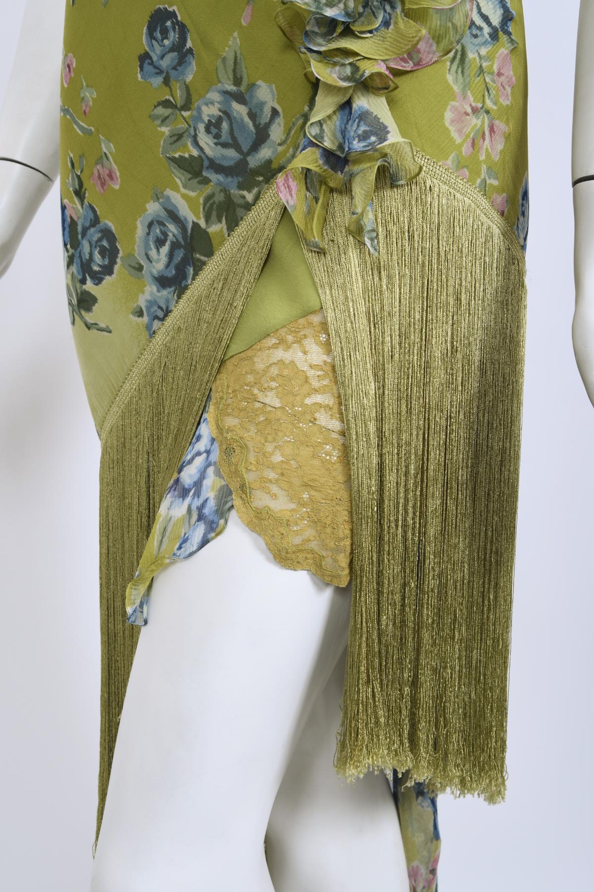 Vintage 2000 Christian Dior by Galliano Green Floral Silk Fringed Bias-Cut Dress 12