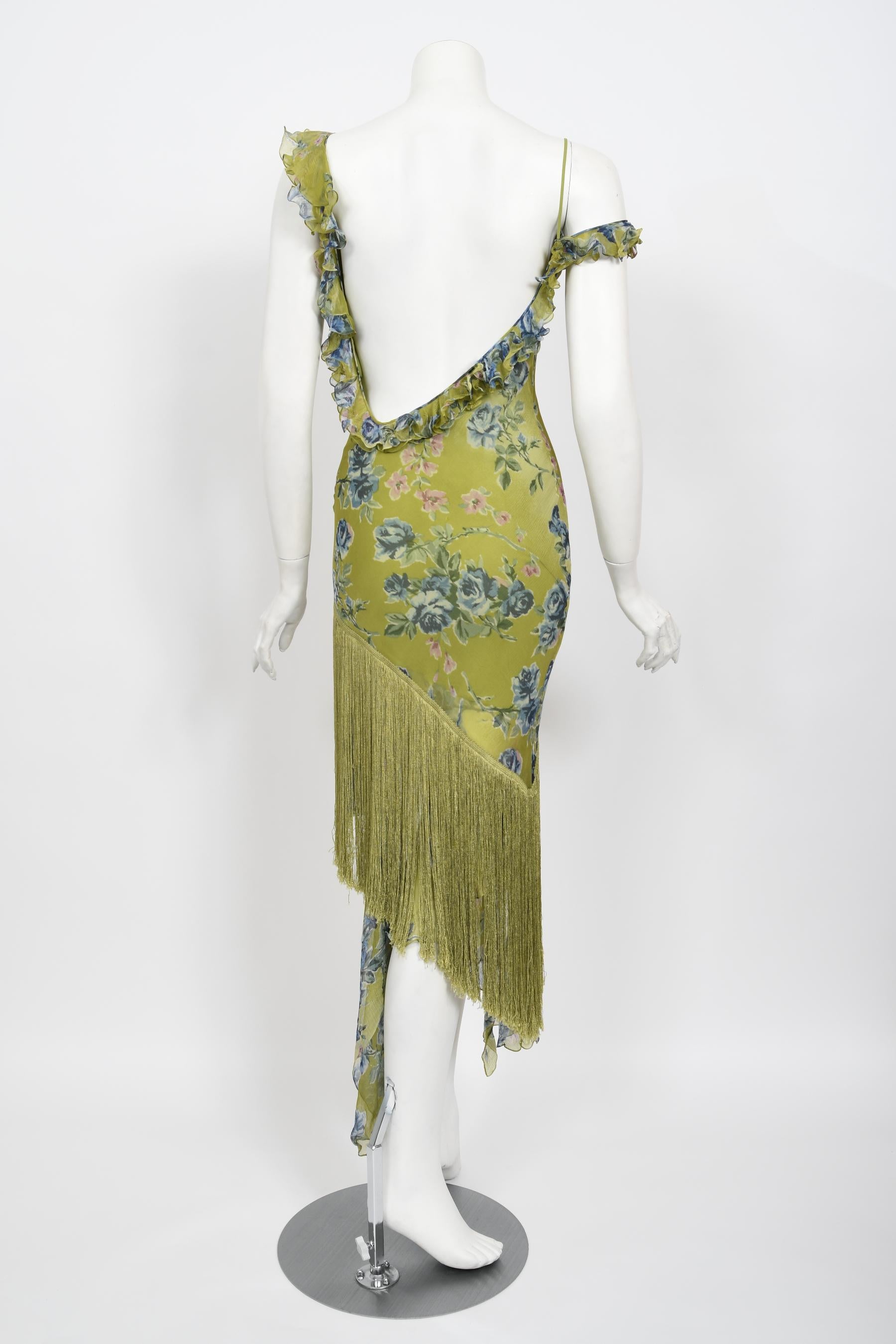 Vintage 2000 Christian Dior by Galliano Green Floral Silk Fringed Bias-Cut Dress 14