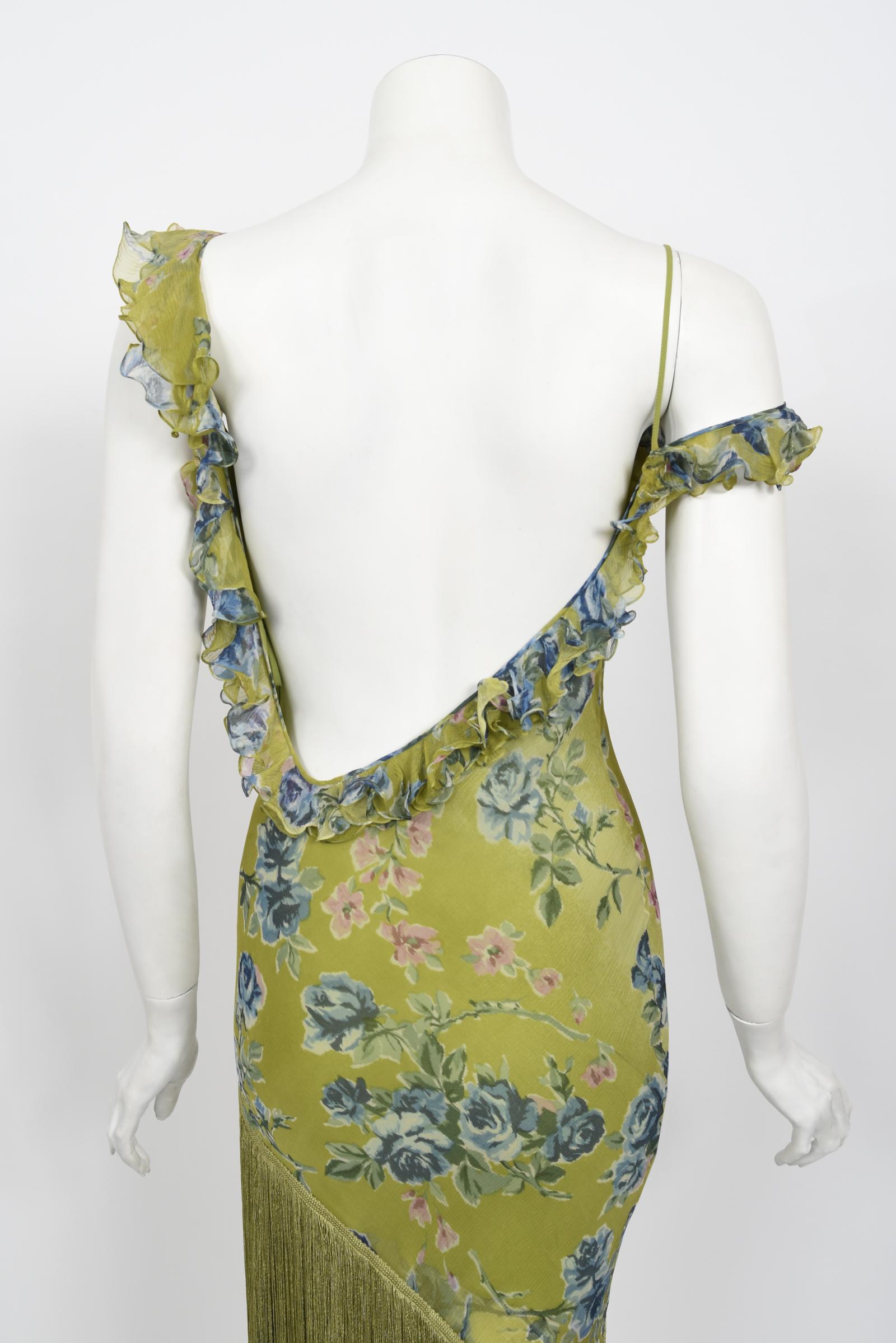 Vintage 2000 Christian Dior by Galliano Green Floral Silk Fringed Bias-Cut Dress 15