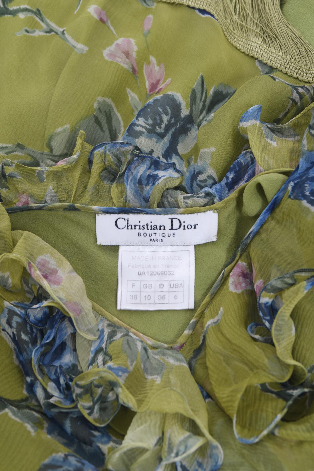 Vintage 2000 Christian Dior by Galliano Green Floral Silk Fringed Bias-Cut Dress 16