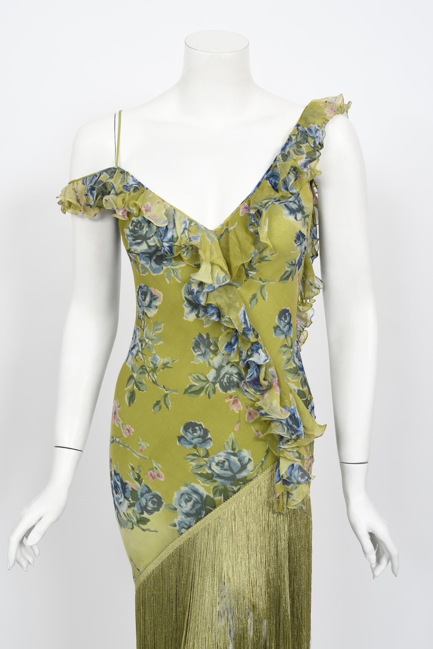 Vintage 2000 Christian Dior by Galliano Green Floral Silk Fringed Bias-Cut Dress In Good Condition In Beverly Hills, CA