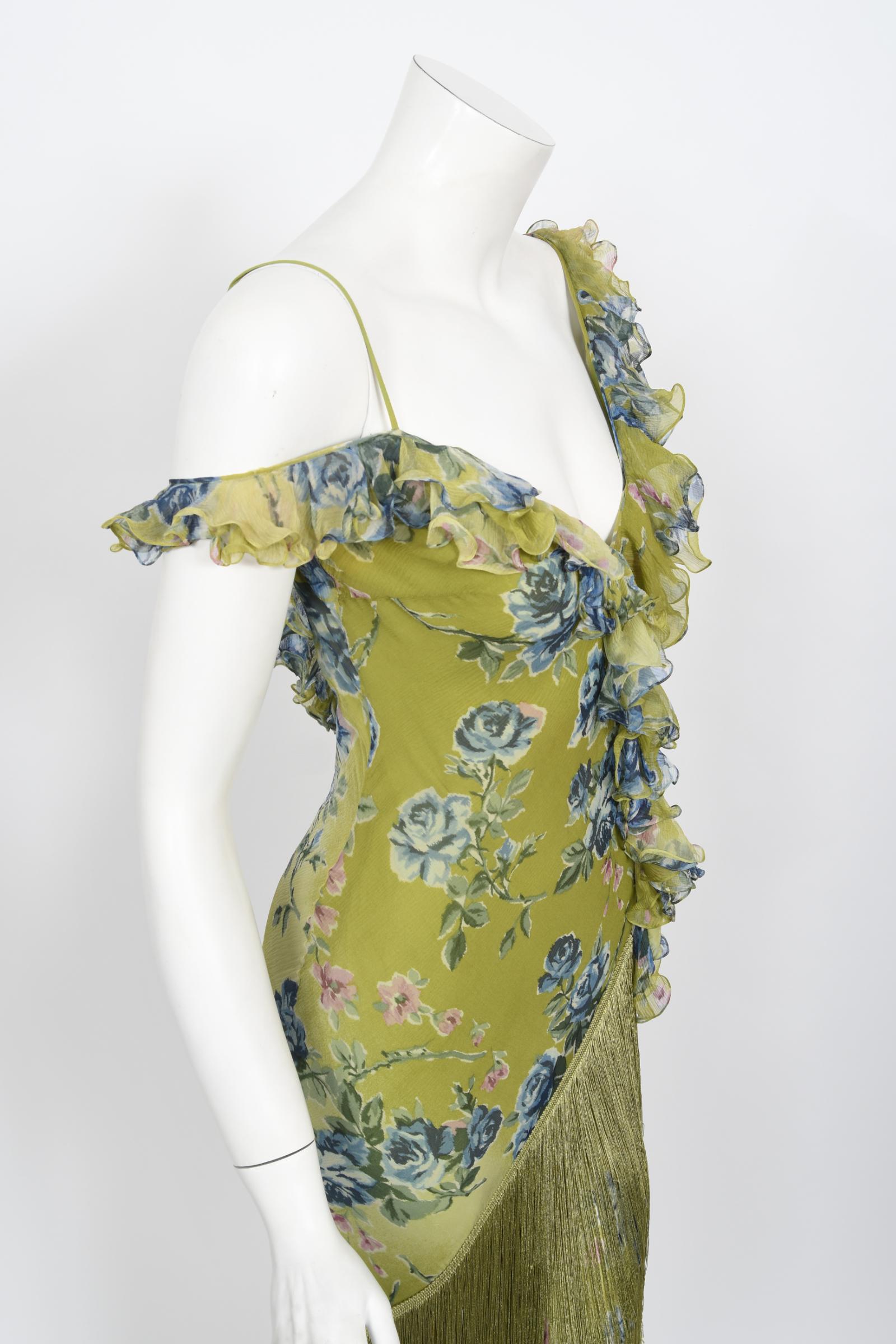 Vintage 2000 Christian Dior by Galliano Green Floral Silk Fringed Bias-Cut Dress 1