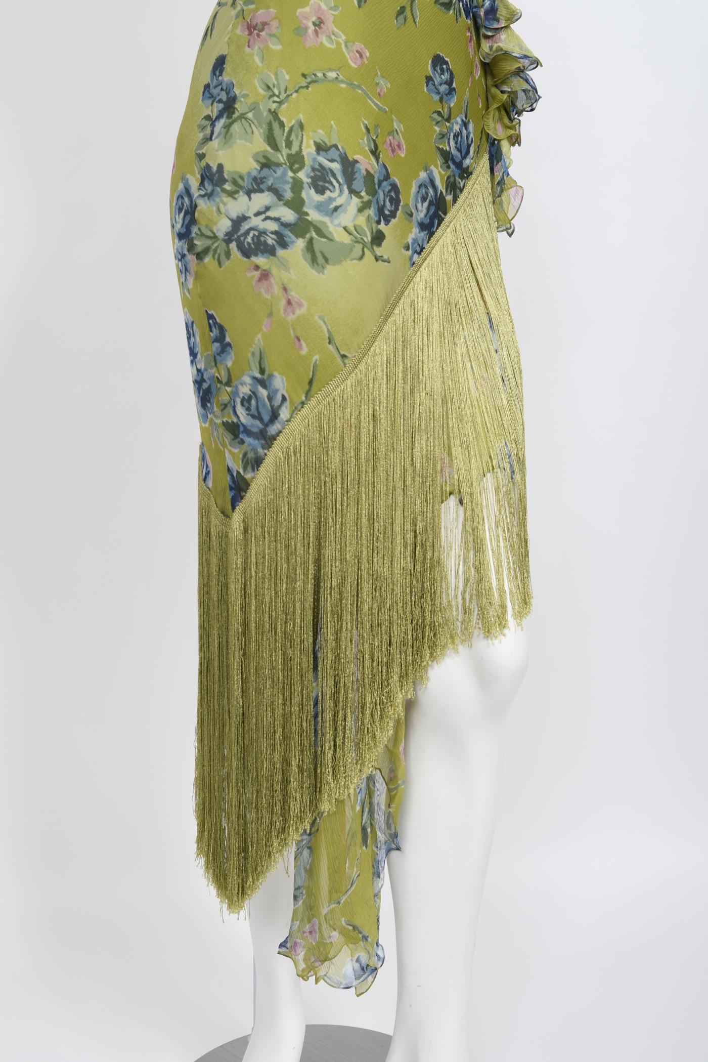 Vintage 2000 Christian Dior by Galliano Green Floral Silk Fringed Bias-Cut Dress 2