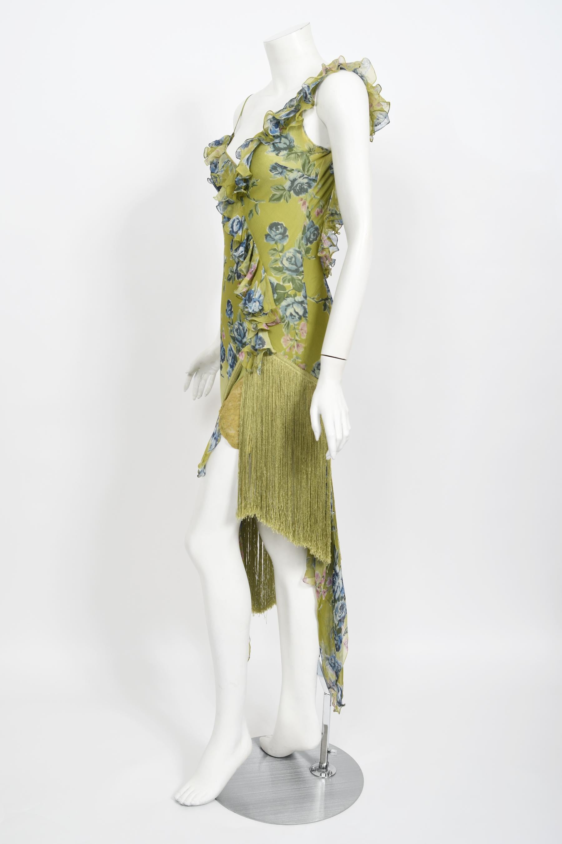Vintage 2000 Christian Dior by Galliano Green Floral Silk Fringed Bias-Cut Dress 4