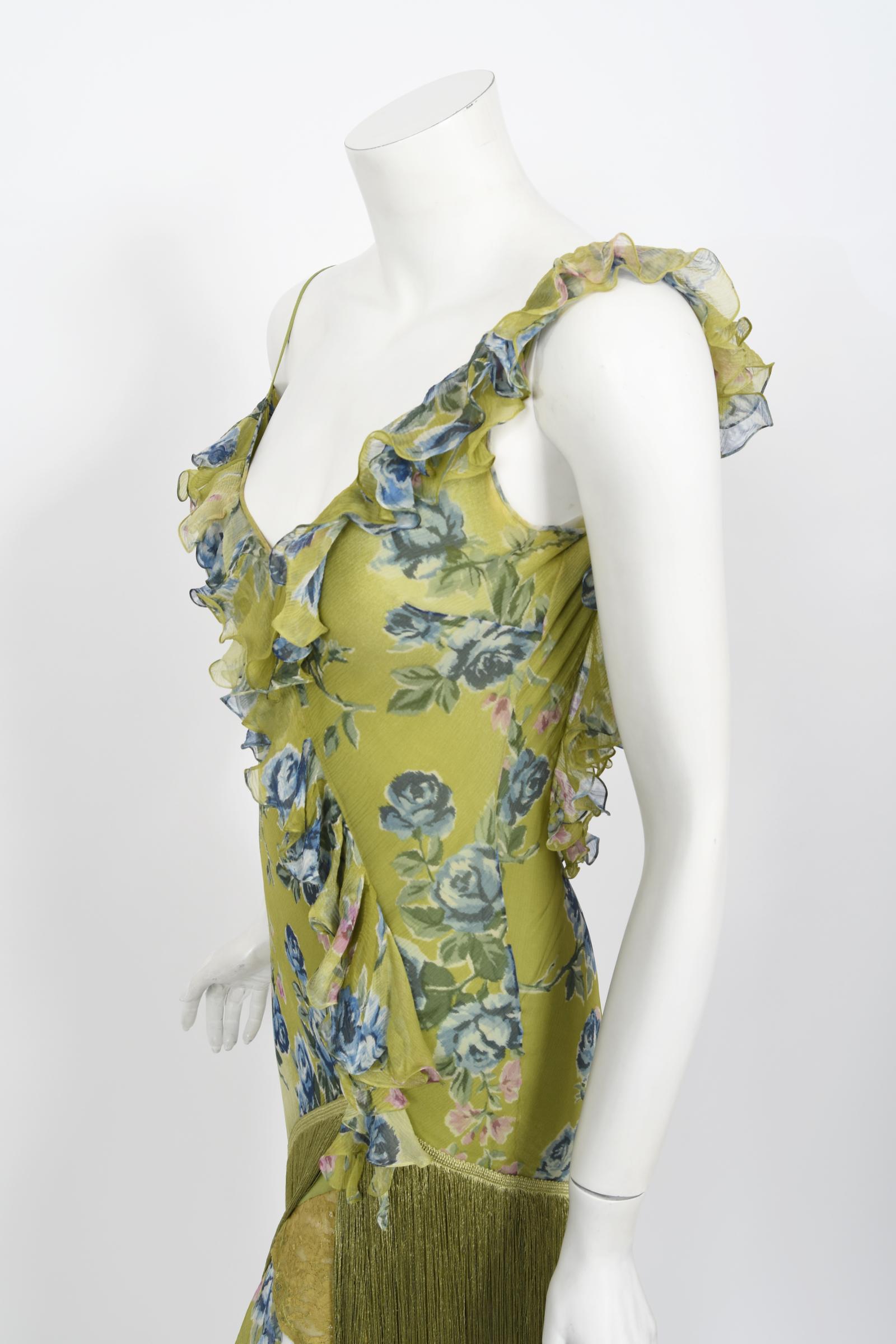 Vintage 2000 Christian Dior by Galliano Green Floral Silk Fringed Bias-Cut Dress 5