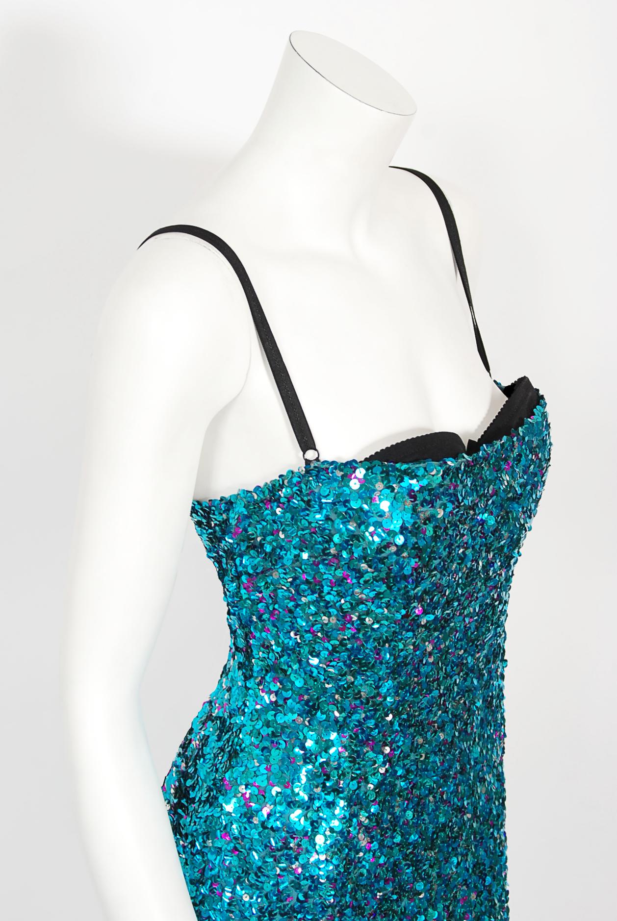 Vintage 2000 Dolce & Gabbana 'Legally Blonde' Blue Sequin Bodycon Bra Mini Dress 3