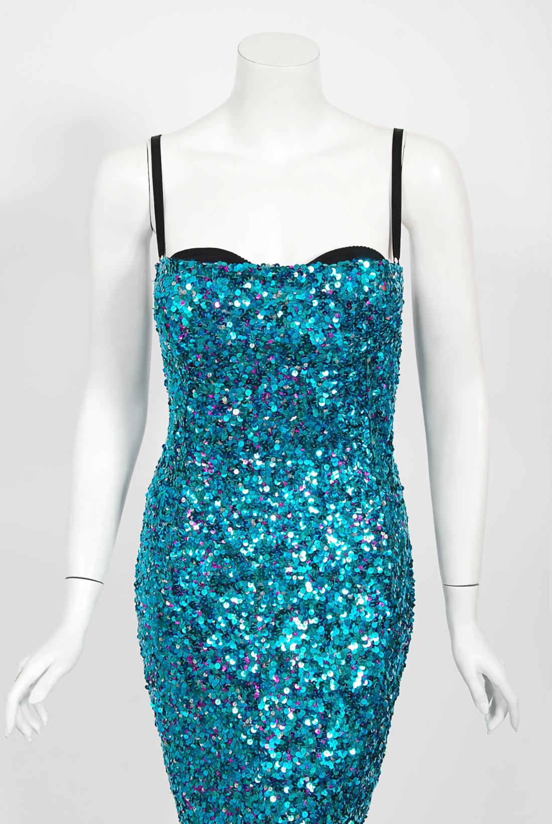 An ultra seductive and totally iconic Dolce & Gabbana fully-sequin blue stretch silk hourglass dress dating back to their 2000 fall/winter collection. As shown, this epic dress was Elle Wood's choice pick in 