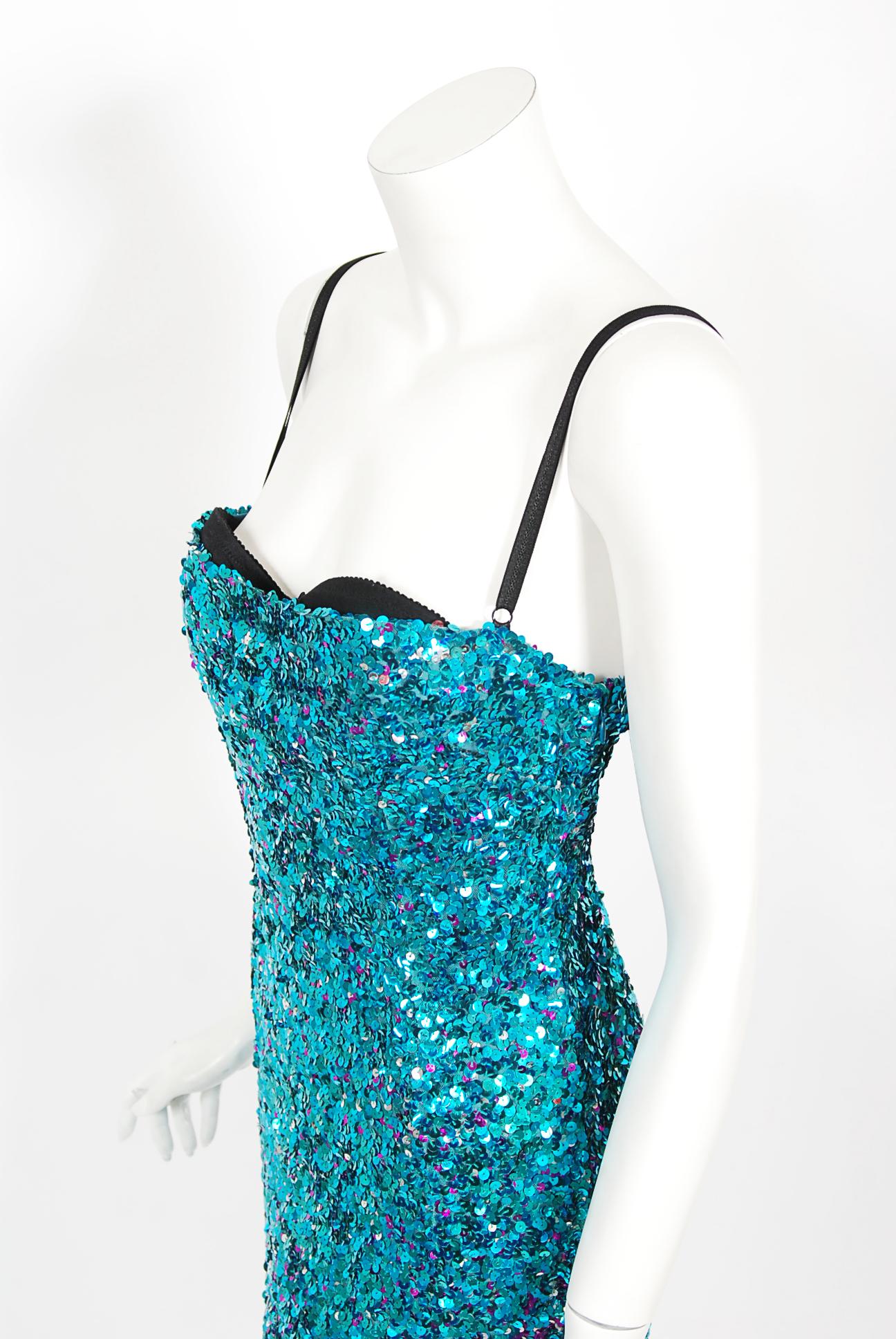 Vintage 2000 Dolce & Gabbana 'Legally Blonde' Blue Sequin Bodycon Bra Mini Dress In Good Condition In Beverly Hills, CA