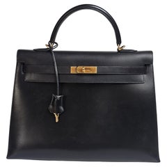 Vintage 2000 Hermes Kelly 35 Tasche aus schwarzem Leder in Schwarz in Box