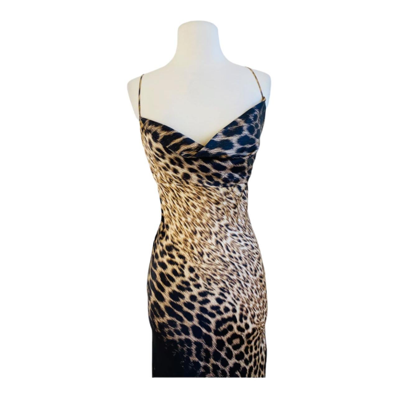 Vintage 2000 Y2K Roberto Cavalli Silk Leopard Animal Print Bias Maxi Train Dress In Excellent Condition For Sale In Denver, CO