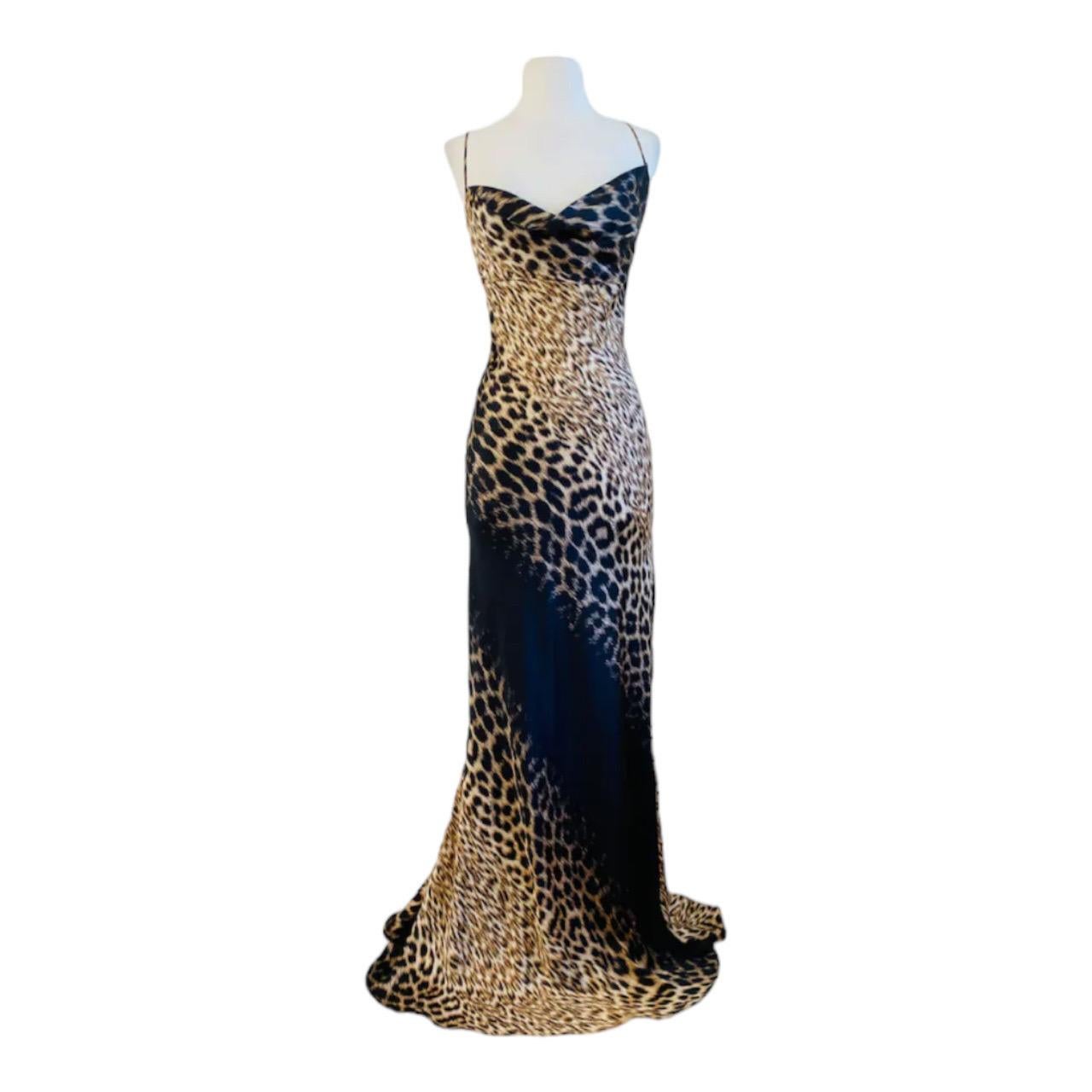 Women's Vintage 2000 Y2K Roberto Cavalli Silk Leopard Animal Print Bias Maxi Train Dress For Sale