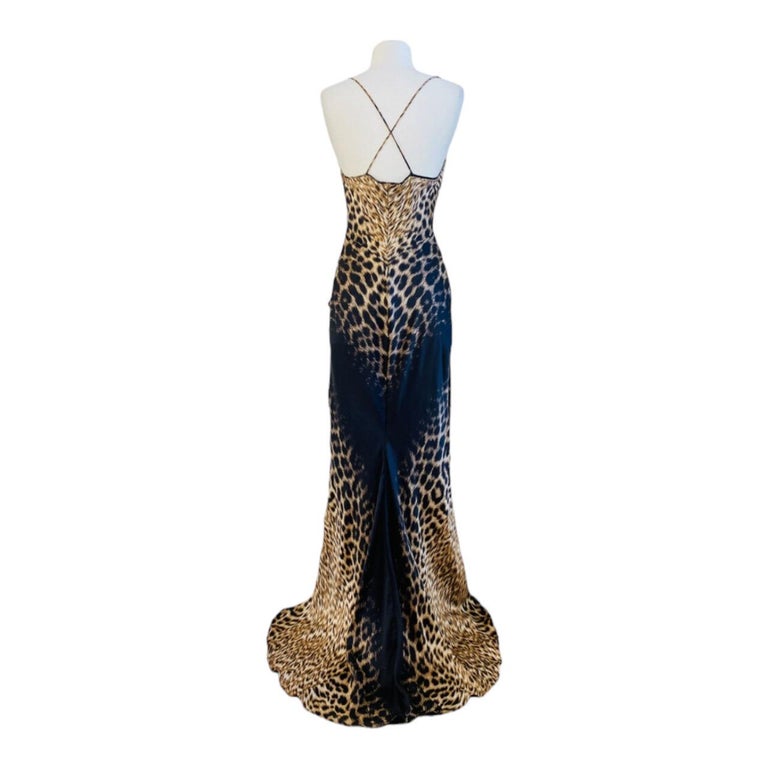 roberto cavalli halter dress leah Vintage 2000 Y2K Silk Leopard Animal Print Bias Maxi Train For Sale at 1stDibs 09/22