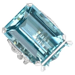 Vintage 20.00ct Emerald Cut Aquamarine Cocktail Ring, 14k White & Yellow Gold