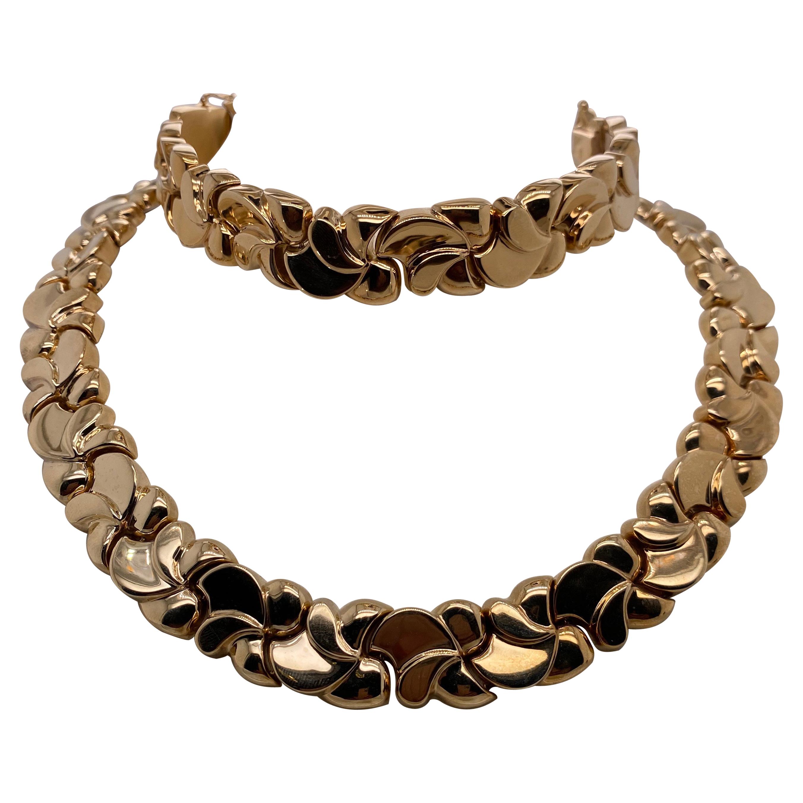 Ensemble collier et bracelet ras du cou vintage en or jaune 14 carats de fabrication italienne, années 2000