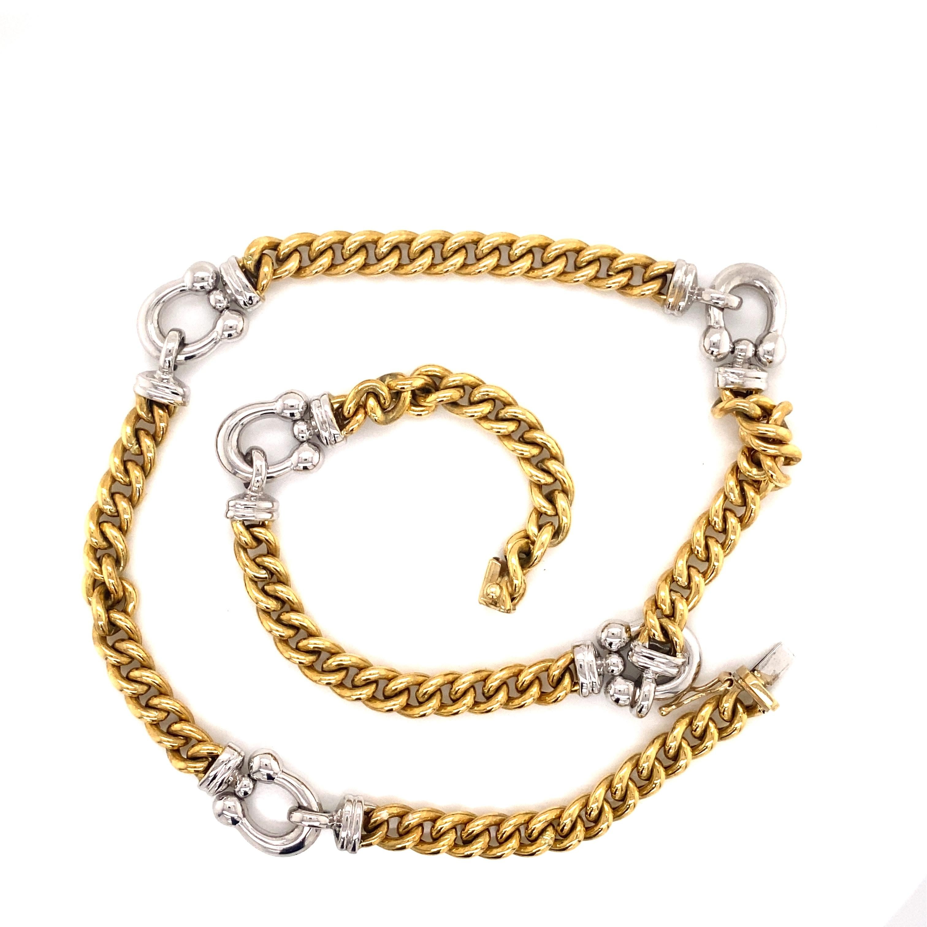 Vintage 2000's 18K Two Tone Gold Cable and Horseshoe Link Necklace - The necklace is Italian made with 18k yellow gold cable links that measure 5.7mm wide, and 18k white gold horseshoe links that measure 10.9mm wide. The necklace features a hidden
