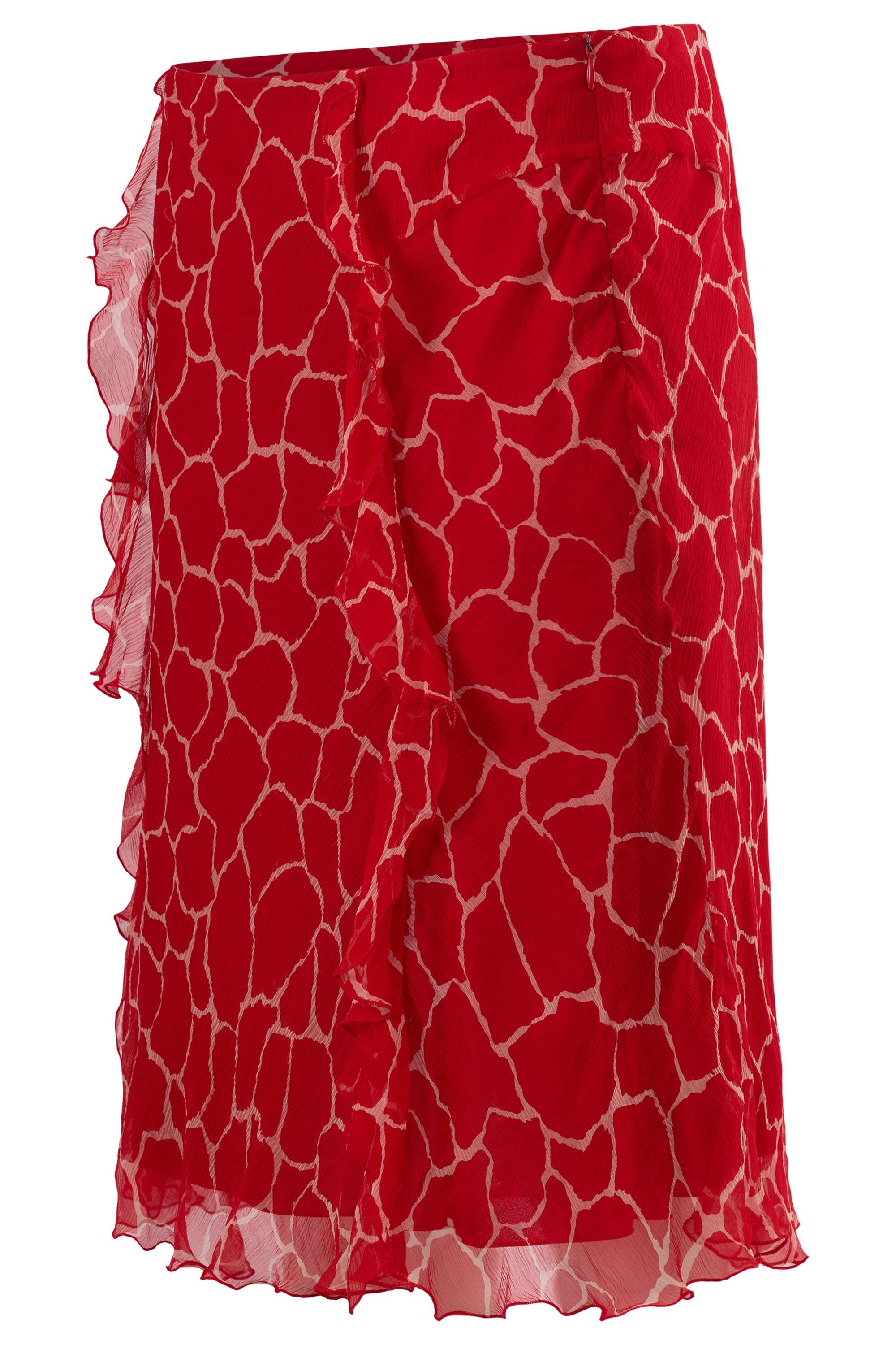 Jupe vintage en soie Blumarine des années 2000. Imprimé abstrait rouge et crème, en mousseline de soie légère, avec des volants le long des coutures et de l'ourlet, bande élastique à la taille, fermeture à glissière latérale dissimulée. Vintage, en
