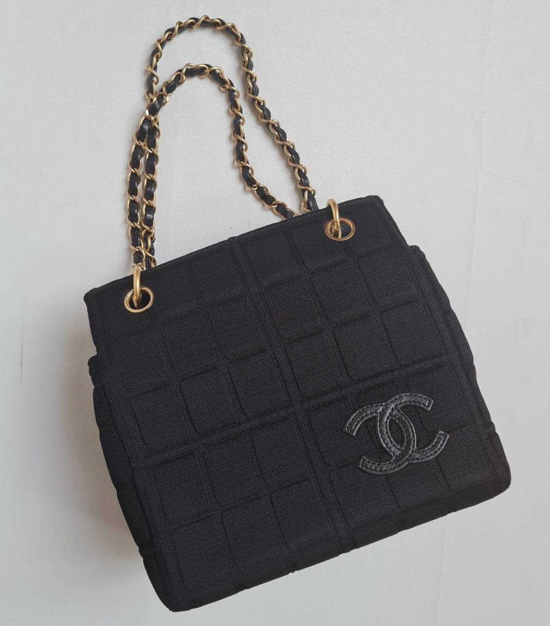 Vintage 2000s Chanel Black Jersey Chocolate Bar Tote Bag 8