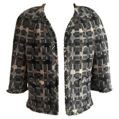 Veste Chanel vintage des années 2000 en tweed « Fantasy » à carreaux gris, noir et beige, automne 2005