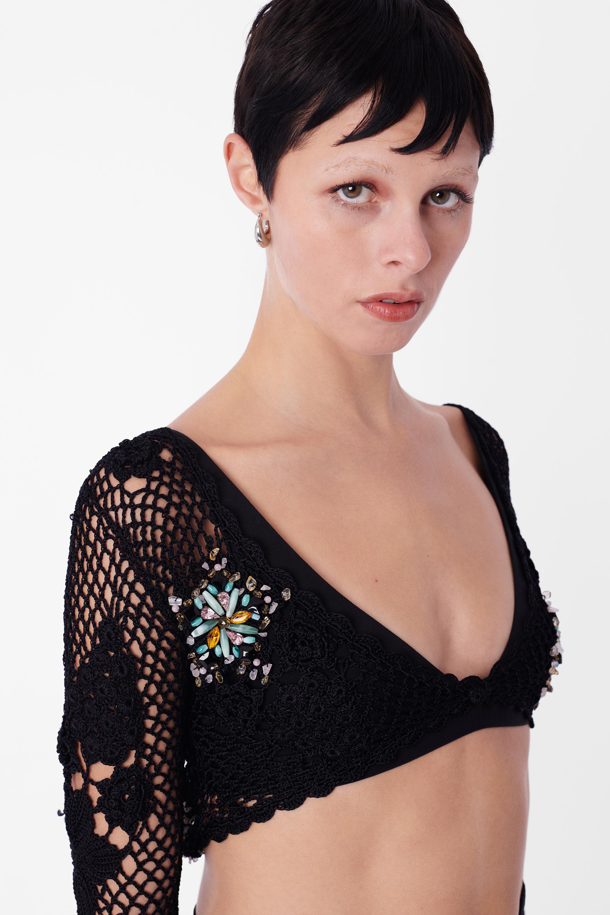 Women's Vintage 2000’s Embellished Black Crochet top For Sale
