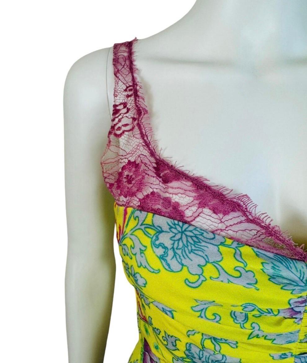 Vintage 2000s Floral Emanuel Ungaro Bodycon Lace Ruched Midi Dress In Excellent Condition In Denver, CO