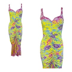 Vintage 2000s Floral Emanuel Ungaro Bodycon Lace Ruched Midi Dress