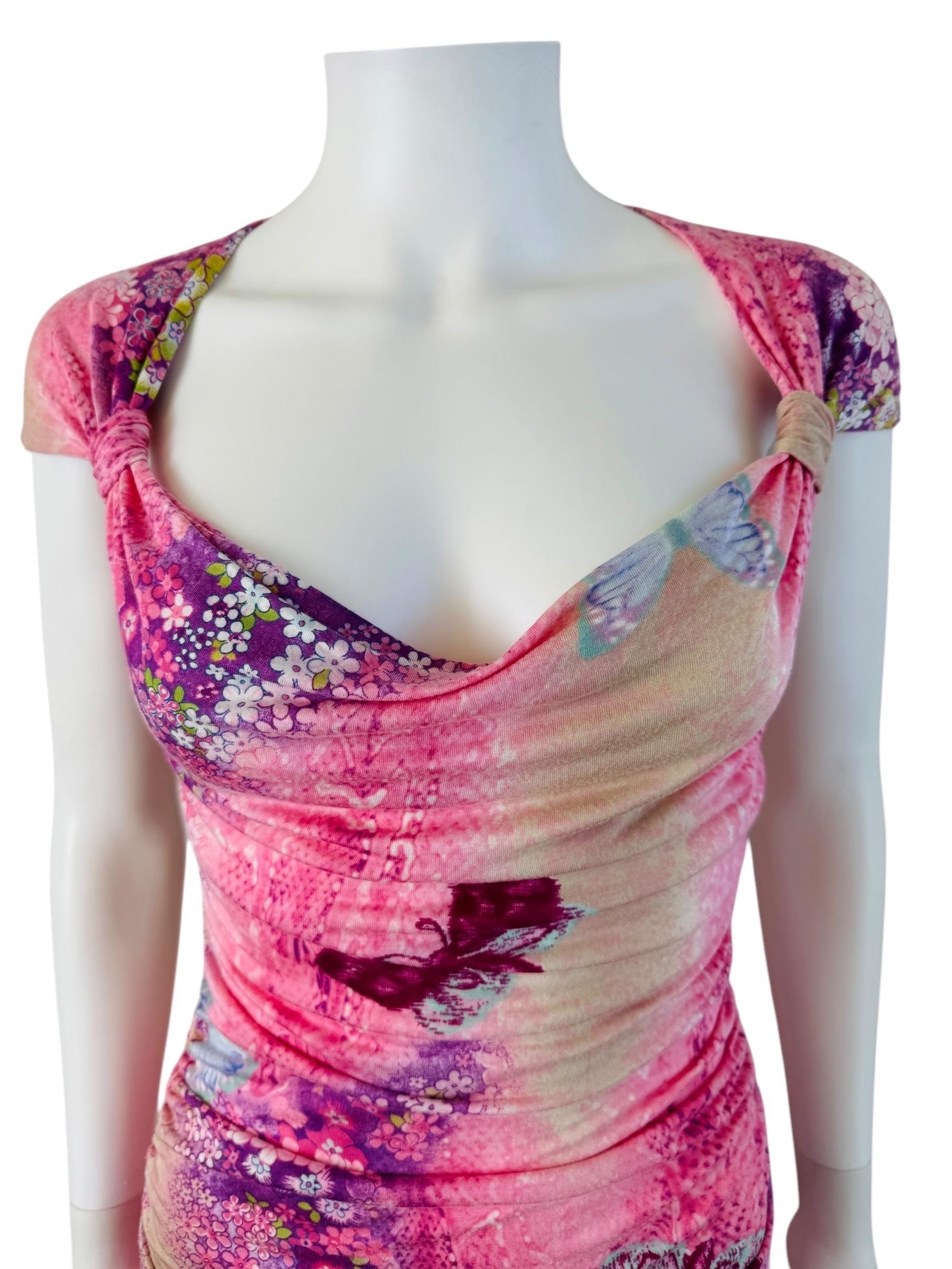 Pink Vintage 2000s Floral Emanuel Ungaro Bodycon Midi Dress Snake Floral Butterfly