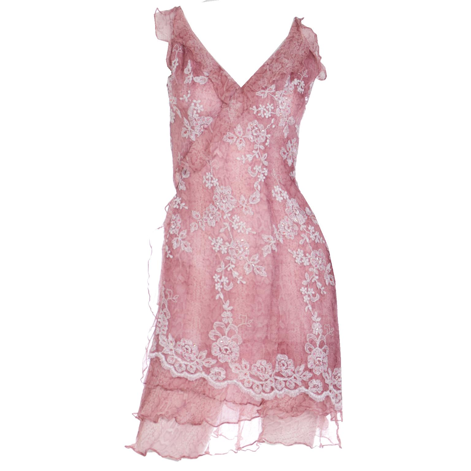 Vintage 2000s Jiki Monte Carlo Mauve Pink Snake Print Dress w Lace & Sequins For Sale 1