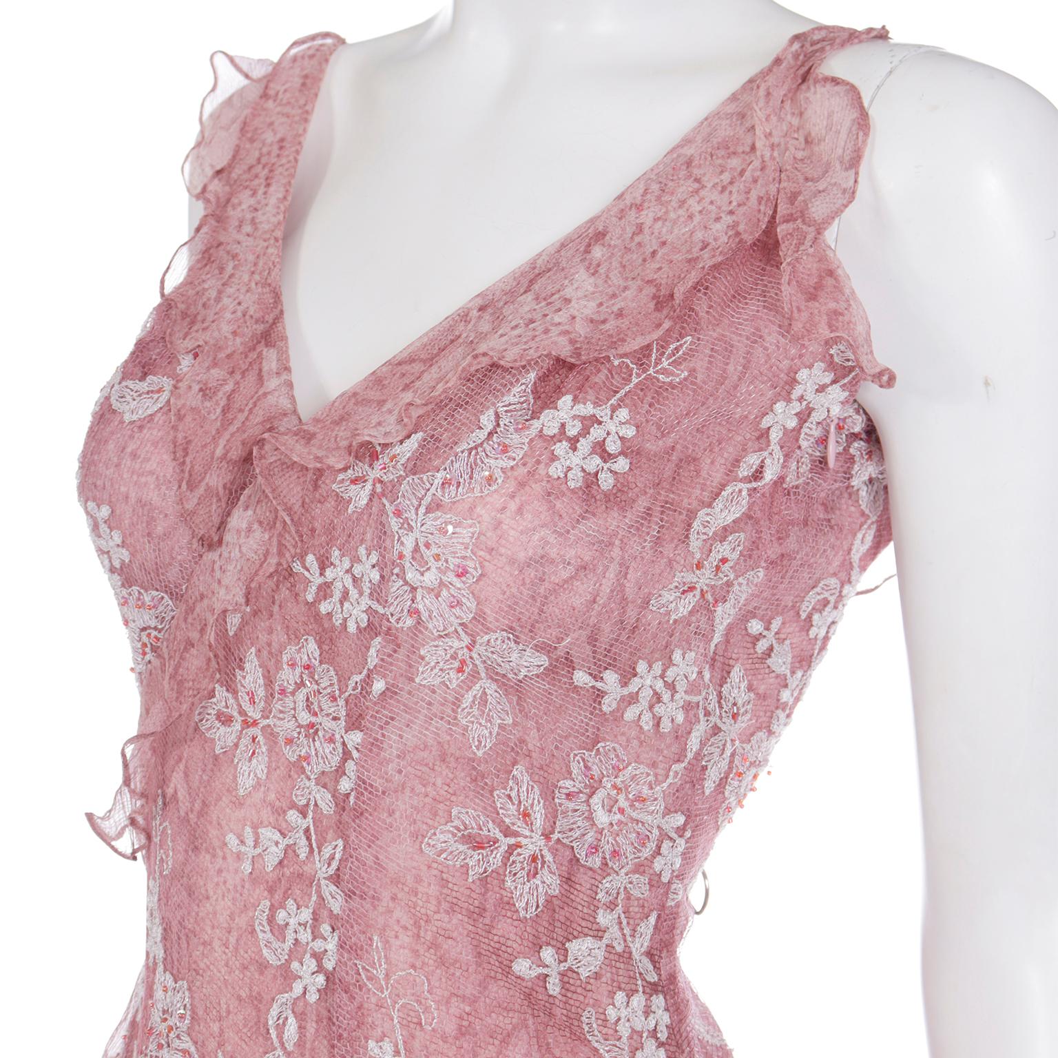 Vintage 2000s Jiki Monte Carlo Mauve Pink Snake Print Dress w Lace & Sequins For Sale 3