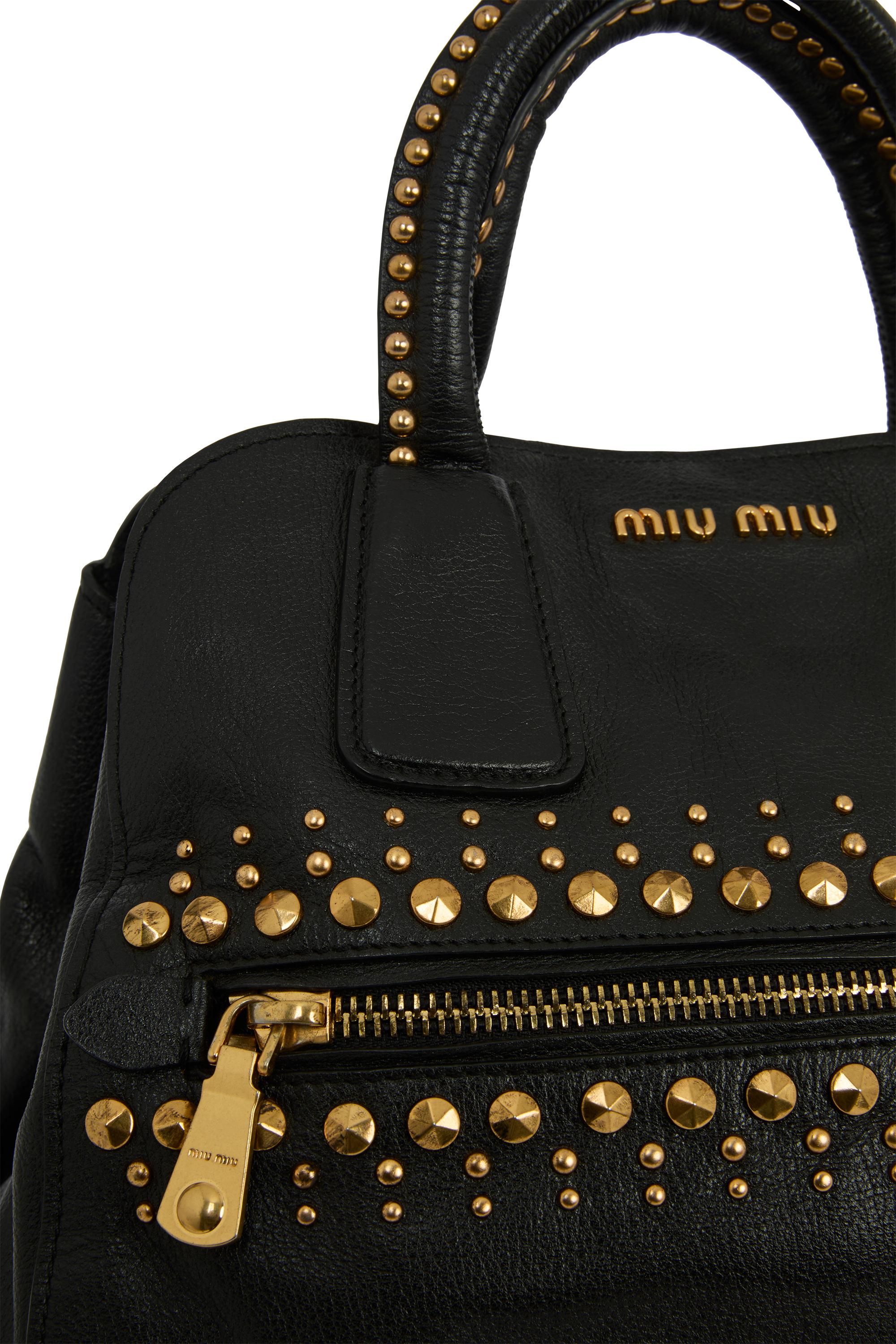 Noir Vintage 2000's Miu Miu Leather Black Gold Studded Trapeze Bag en vente