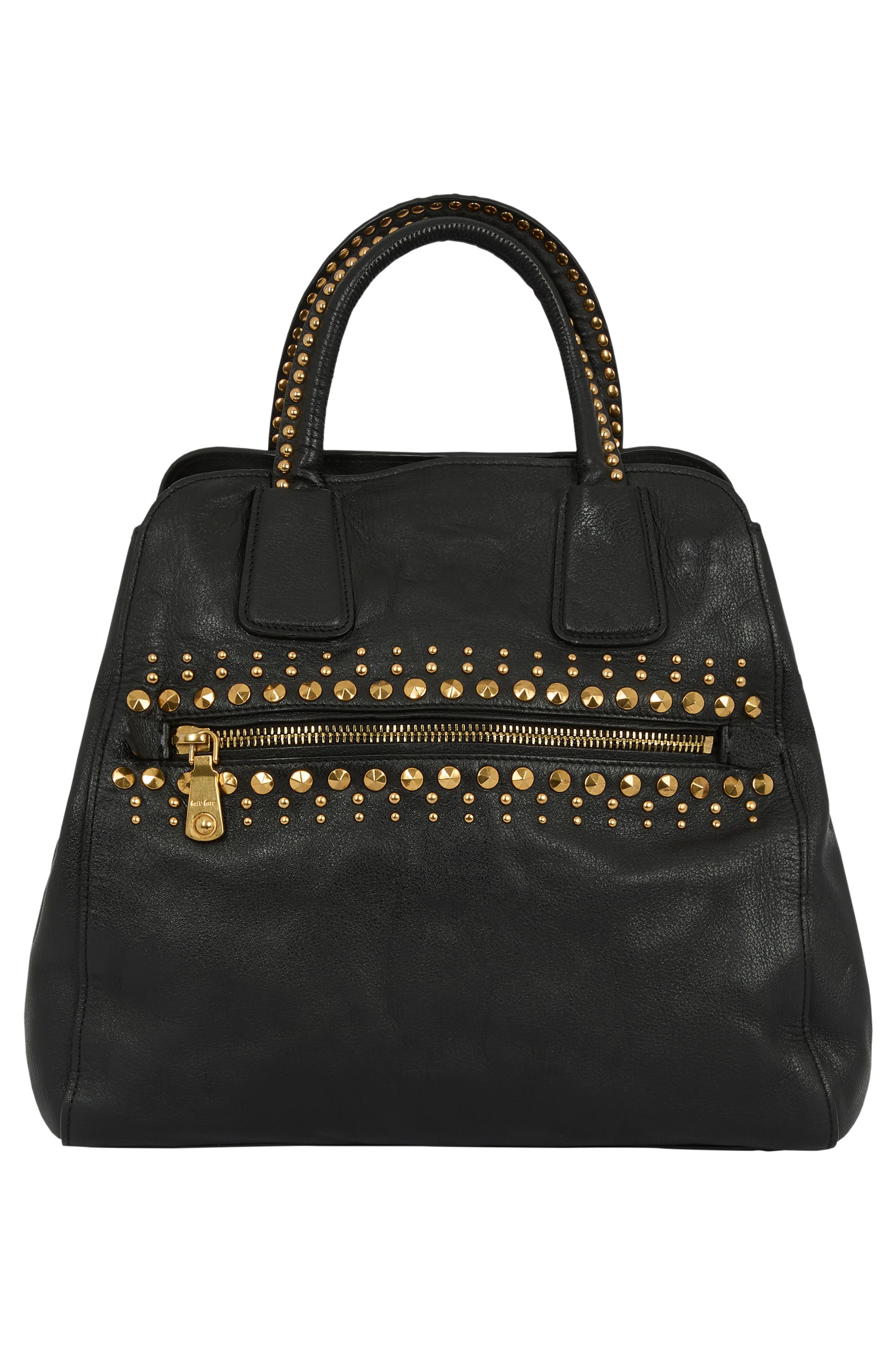 Vintage 2000's Miu Miu Leather Black Gold Studded Trapeze Bag en vente 1