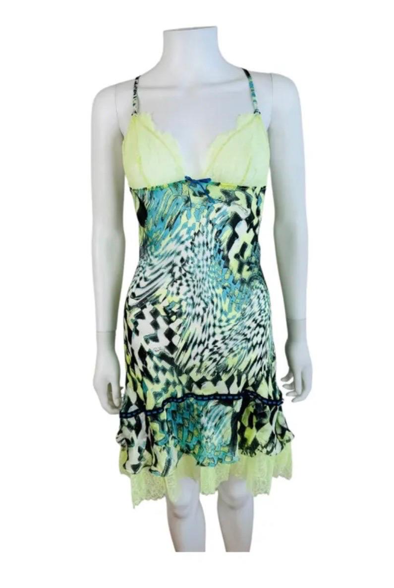 Gray Vintage 2000s Roberto Cavalli Geometric Silk Slip Mini Dress Lace Ruffle