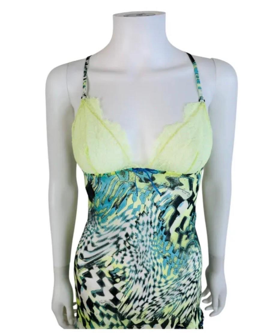 Vintage 2000s Roberto Cavalli Geometric Silk Slip Mini Dress Lace Ruffle In Excellent Condition In Denver, CO