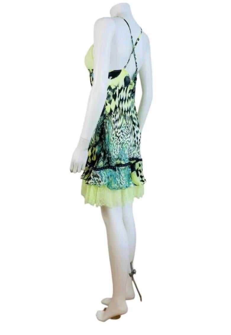 Women's Vintage 2000s Roberto Cavalli Geometric Silk Slip Mini Dress Lace Ruffle