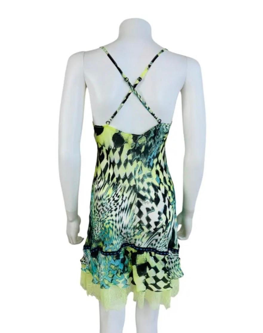 Vintage 2000s Roberto Cavalli Geometric Silk Slip Mini Dress Lace Ruffle 1