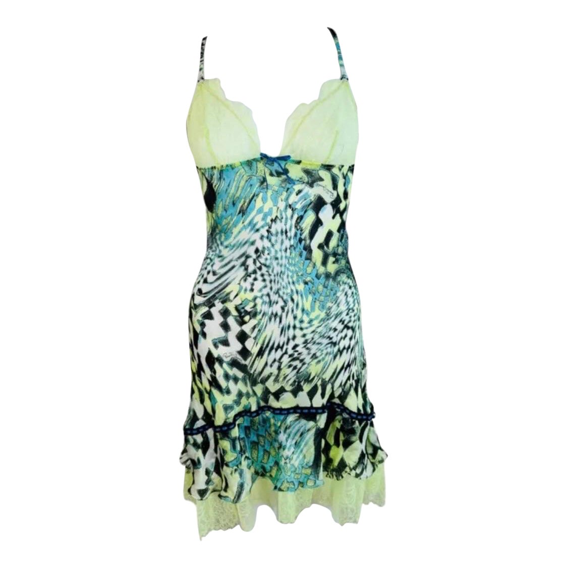 Vintage 2000s Roberto Cavalli Geometric Silk Slip Mini Dress Lace Ruffle