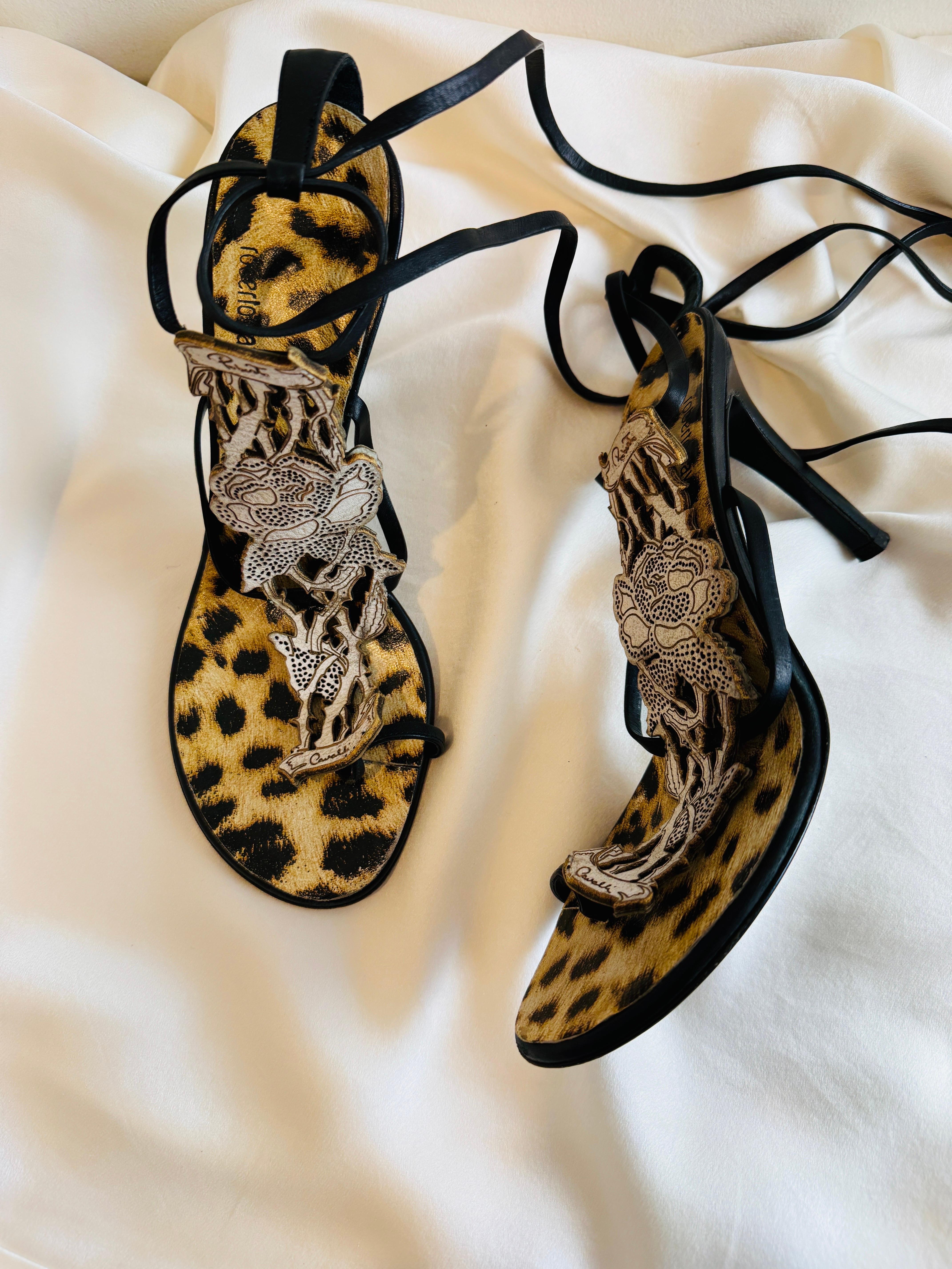 Vintage 2000s Roberto Cavalli Leopard Floral Ankle Wrap Heels