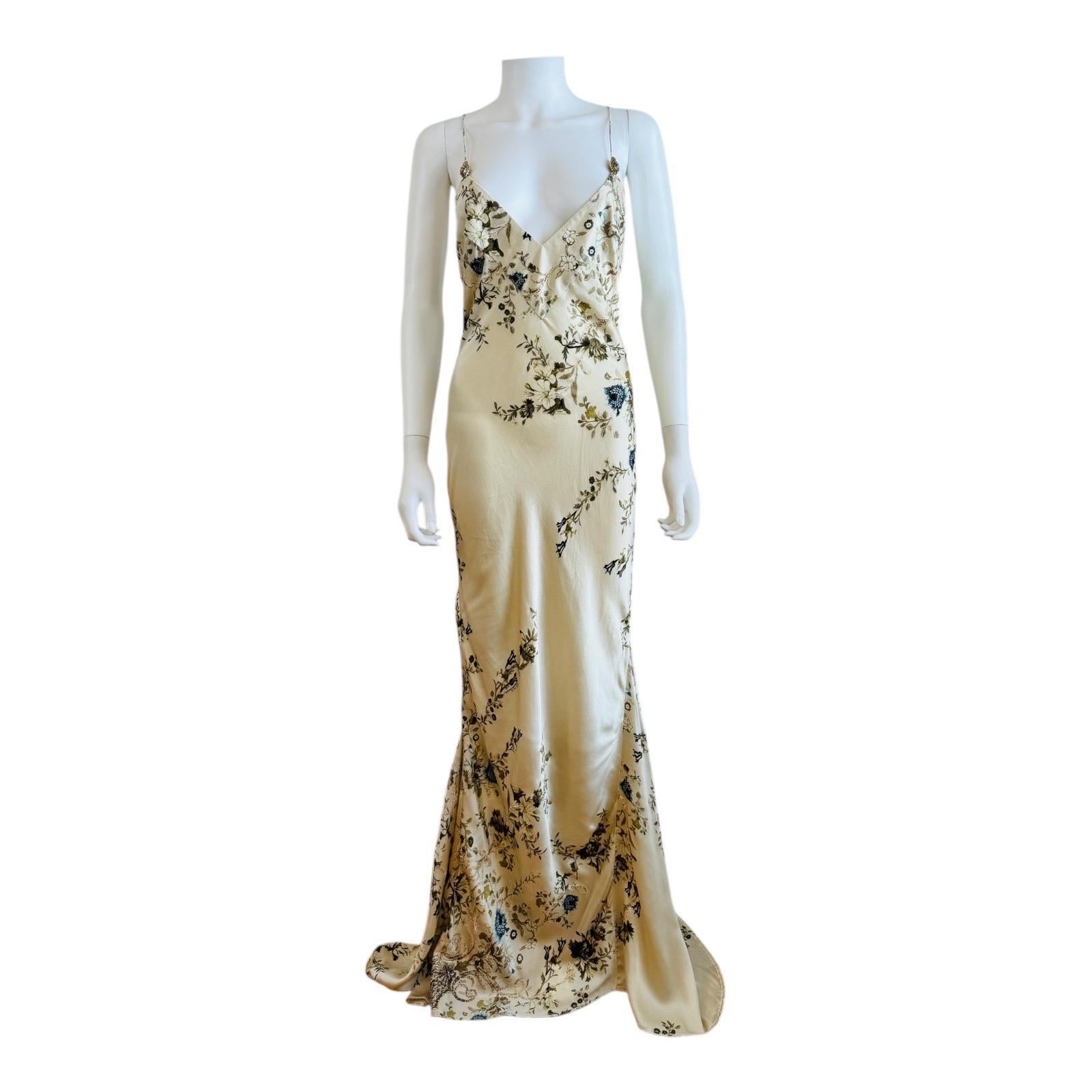 Beige Vintage 2000s Roberto Cavalli Maxi Floral Bias Silk Slip Dress Mermaid Wedding