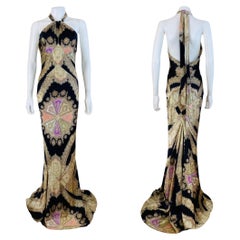 Vintage 2000s Roberto Cavalli Silk Black Coral Gold Halter Dress Gown Mermaid