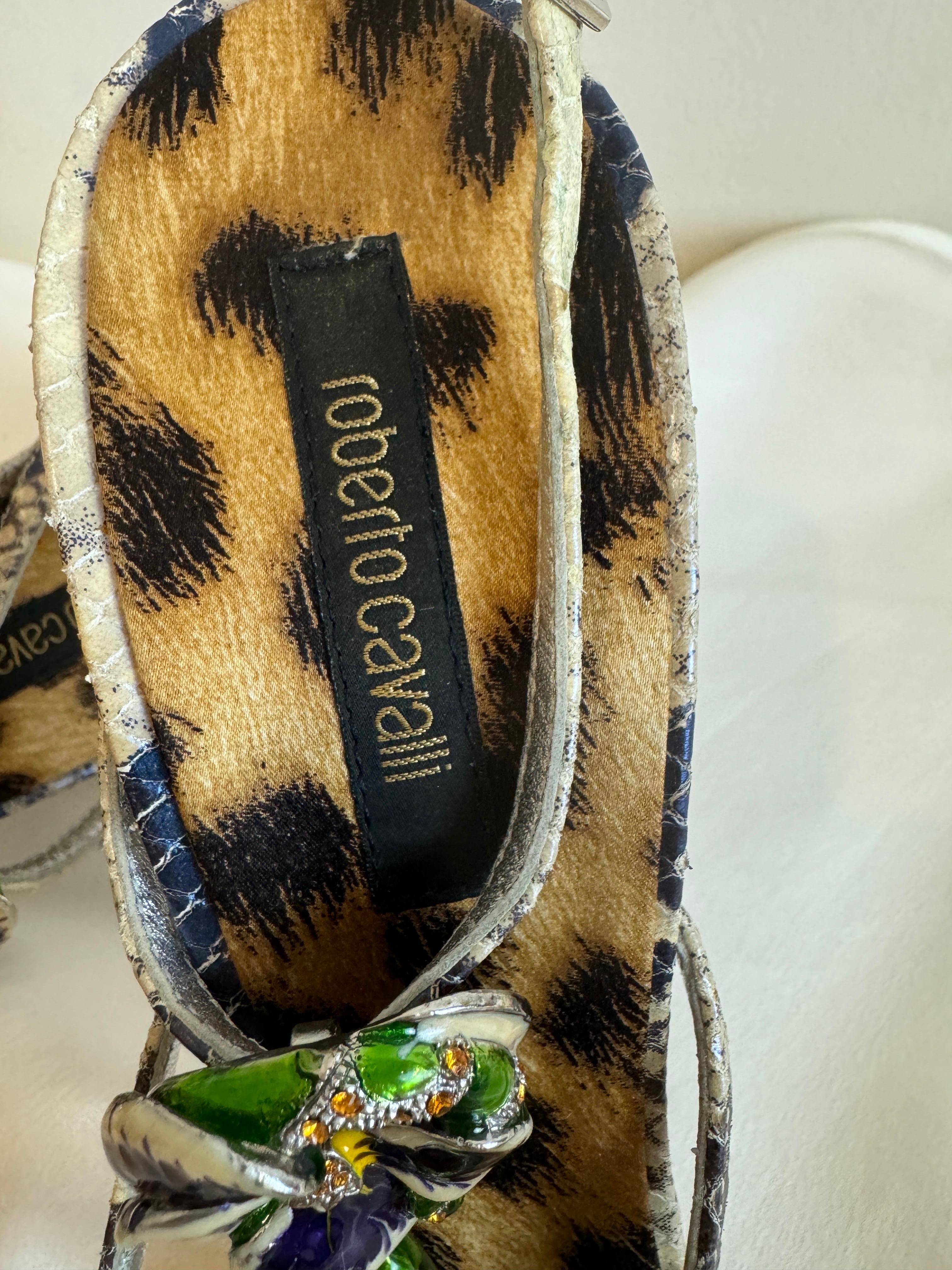 Vintage 2000s Roberto Cavalli Snake + Flower Enamel Rhinestone Heels Shoes 6