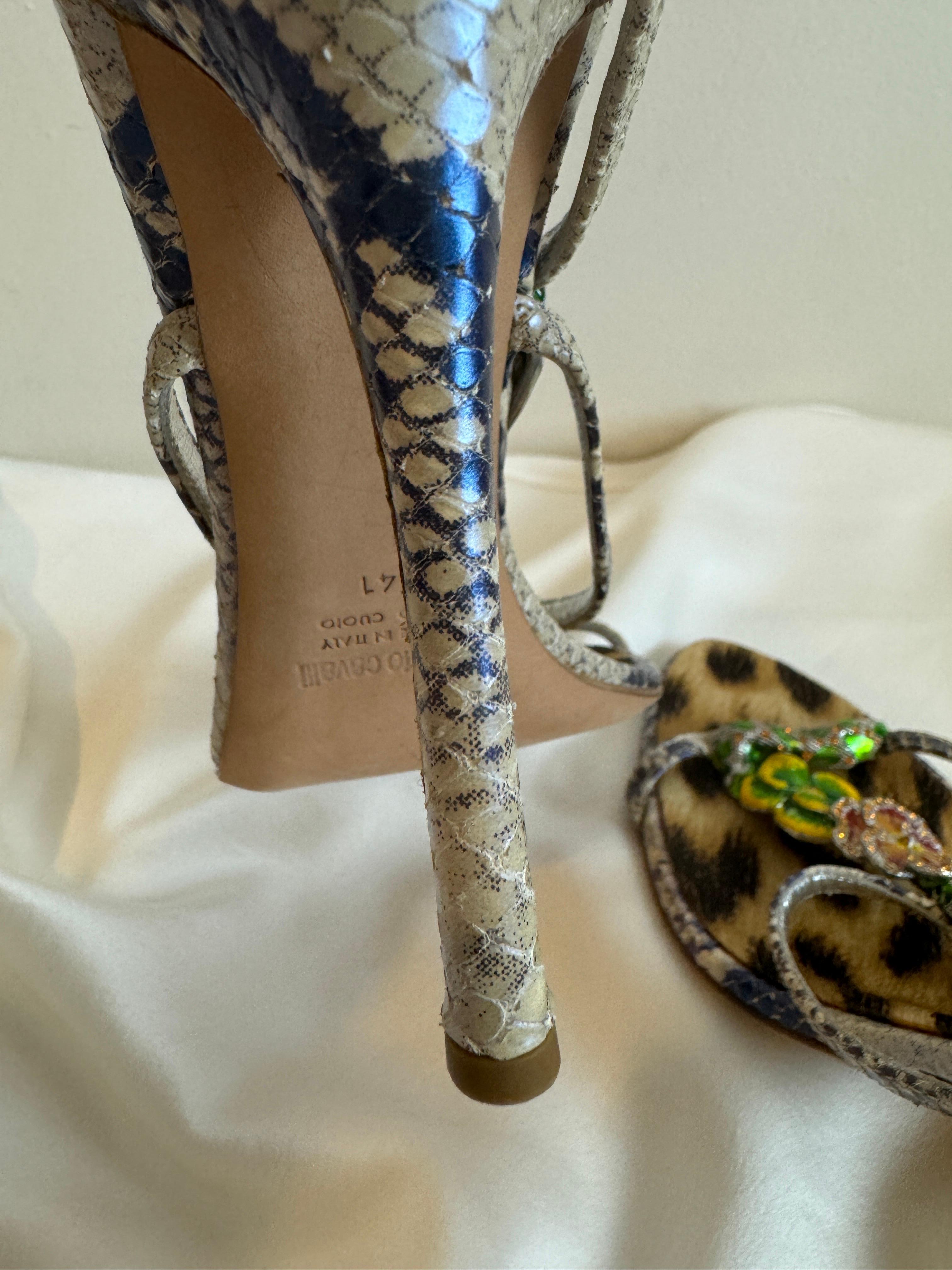 Vintage 2000s Roberto Cavalli Snake + Flower Enamel Rhinestone Heels Shoes 8