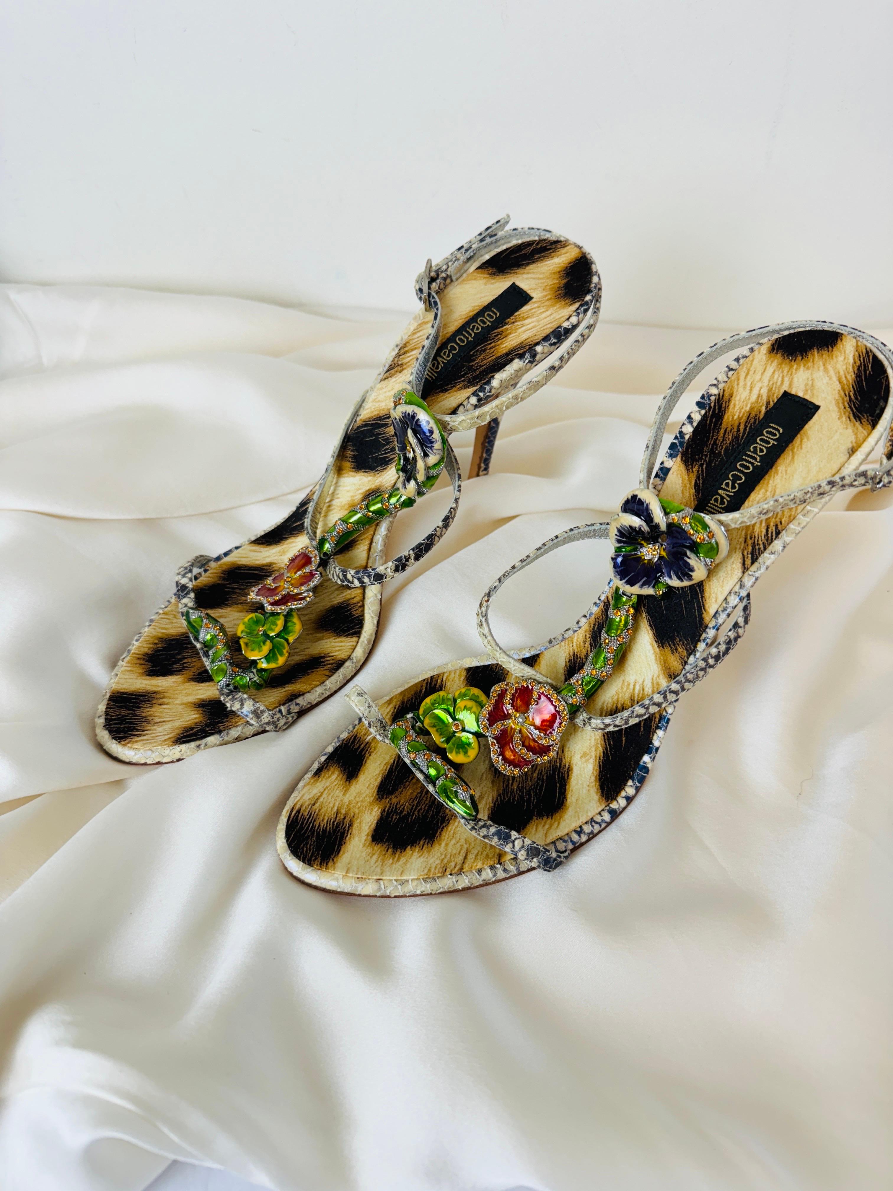 Brown Vintage 2000s Roberto Cavalli Snake + Flower Enamel Rhinestone Heels Shoes