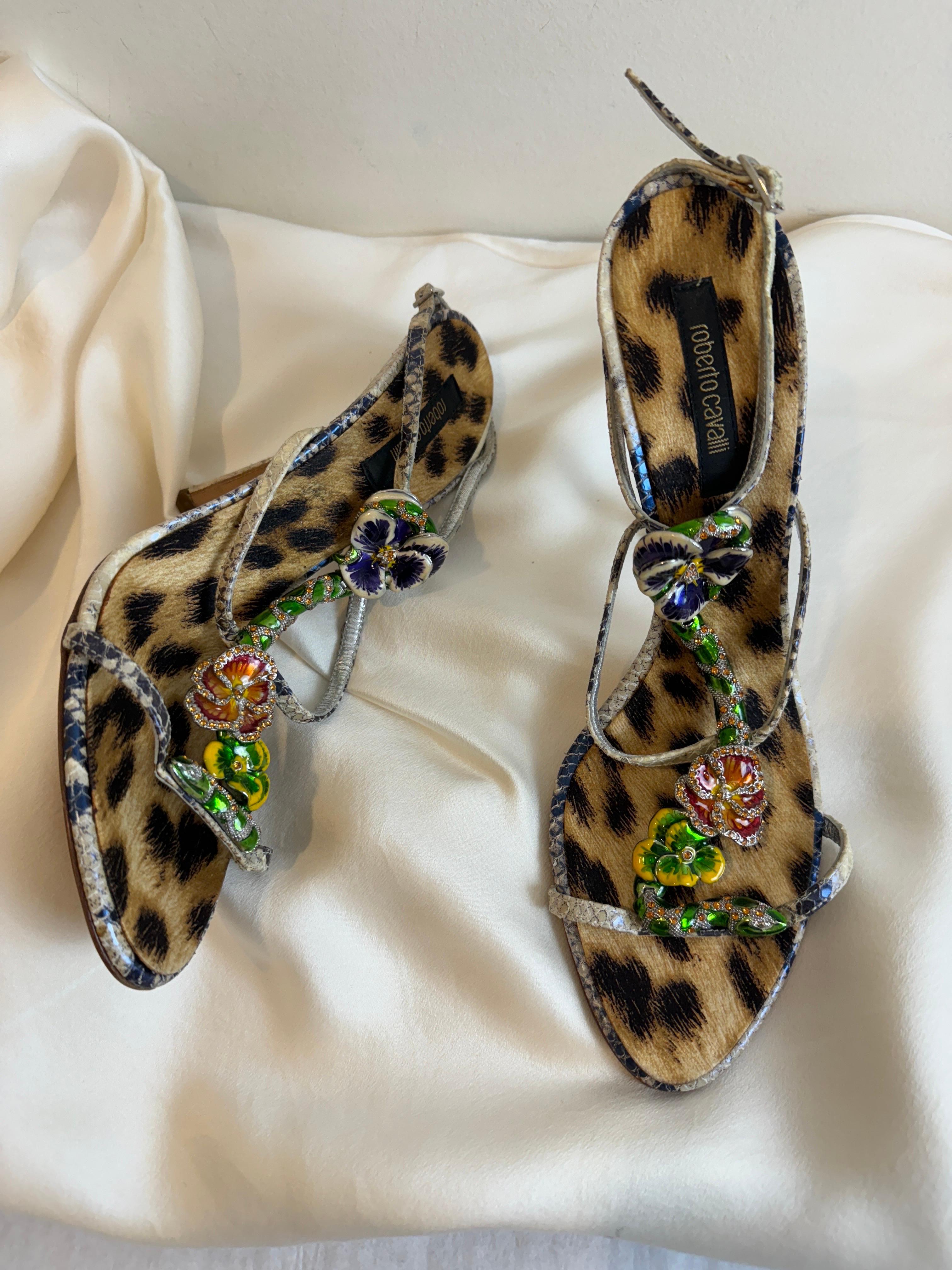 Brown Vintage 2000s Roberto Cavalli Snake + Flower Enamel Rhinestone Heels Shoes