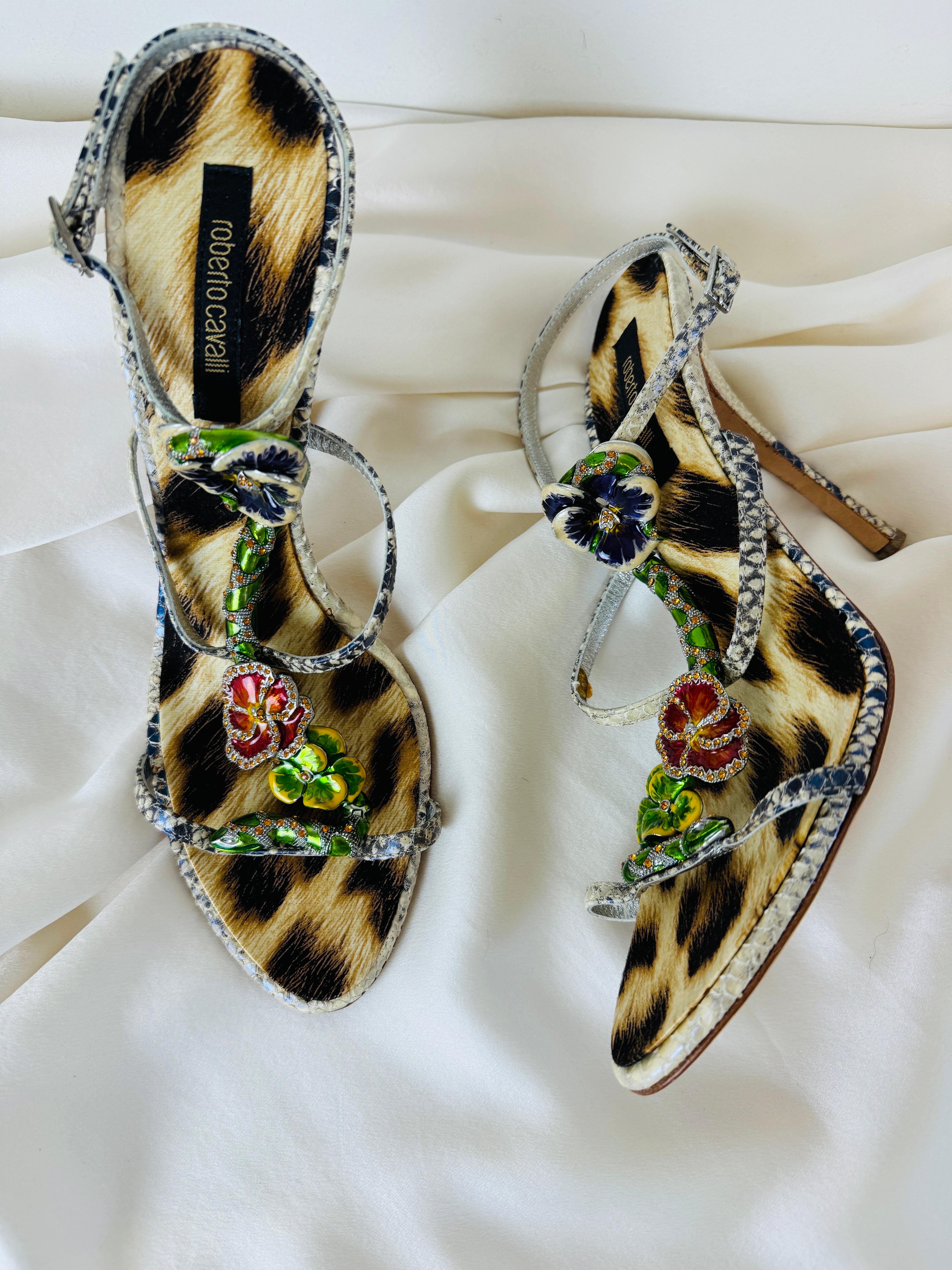 Vintage 2000s Roberto Cavalli Snake + Flower Enamel Rhinestone Heels Shoes In Good Condition In Denver, CO