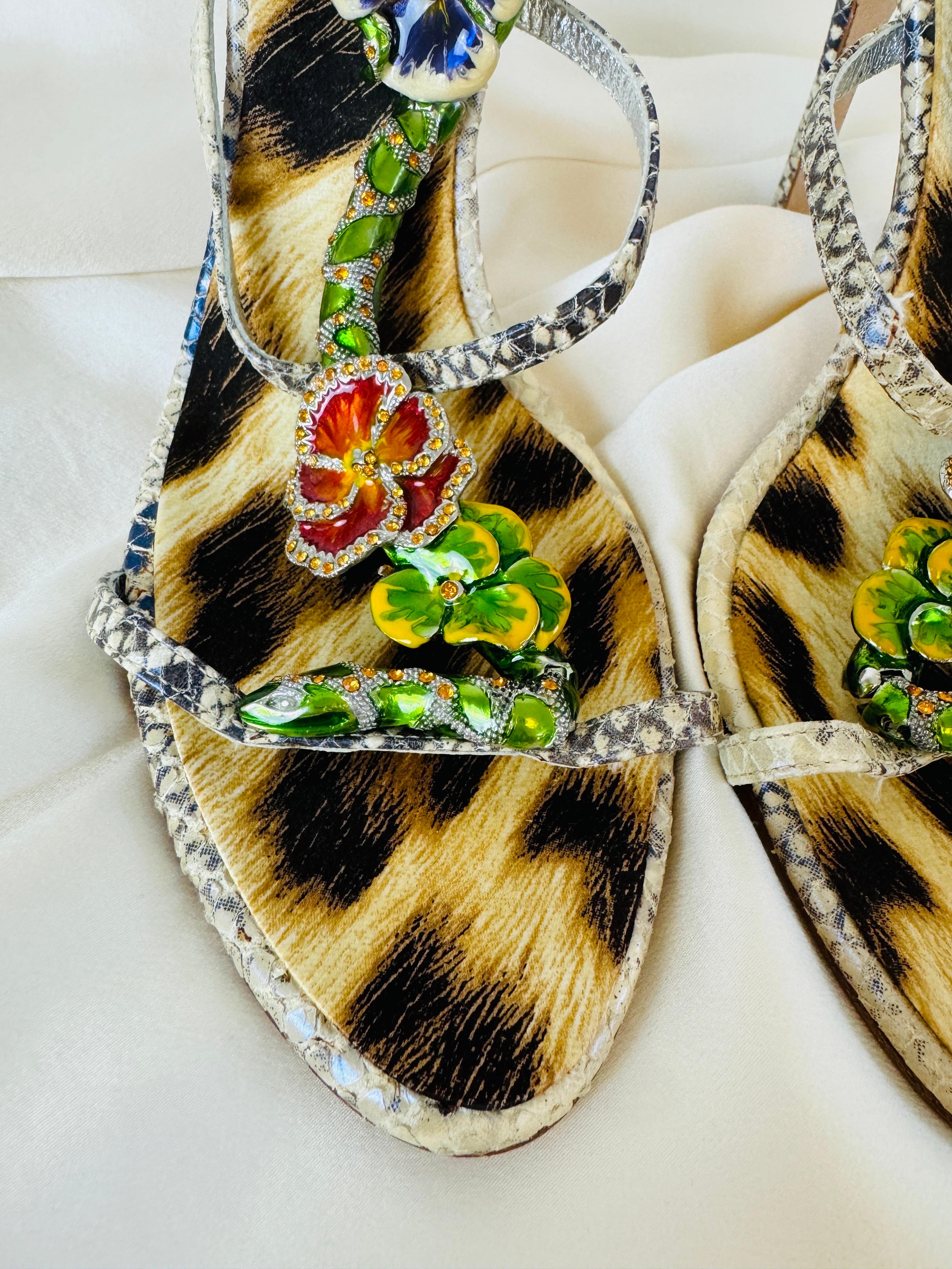 Women's Vintage 2000s Roberto Cavalli Snake + Flower Enamel Rhinestone Heels Shoes